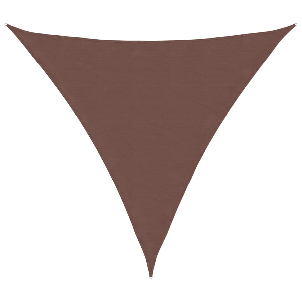 Una vela parasole triangolare marrone. Sospesa da tre punti, proietta ombra sotto.
