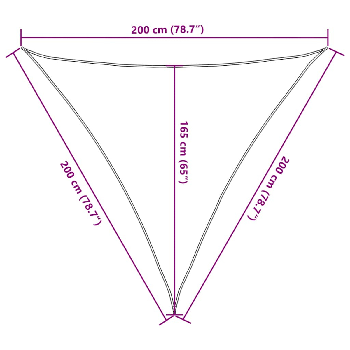 Diagramma di una vela ombreggiante triangolare marrone con dimensioni in cm e pollici.