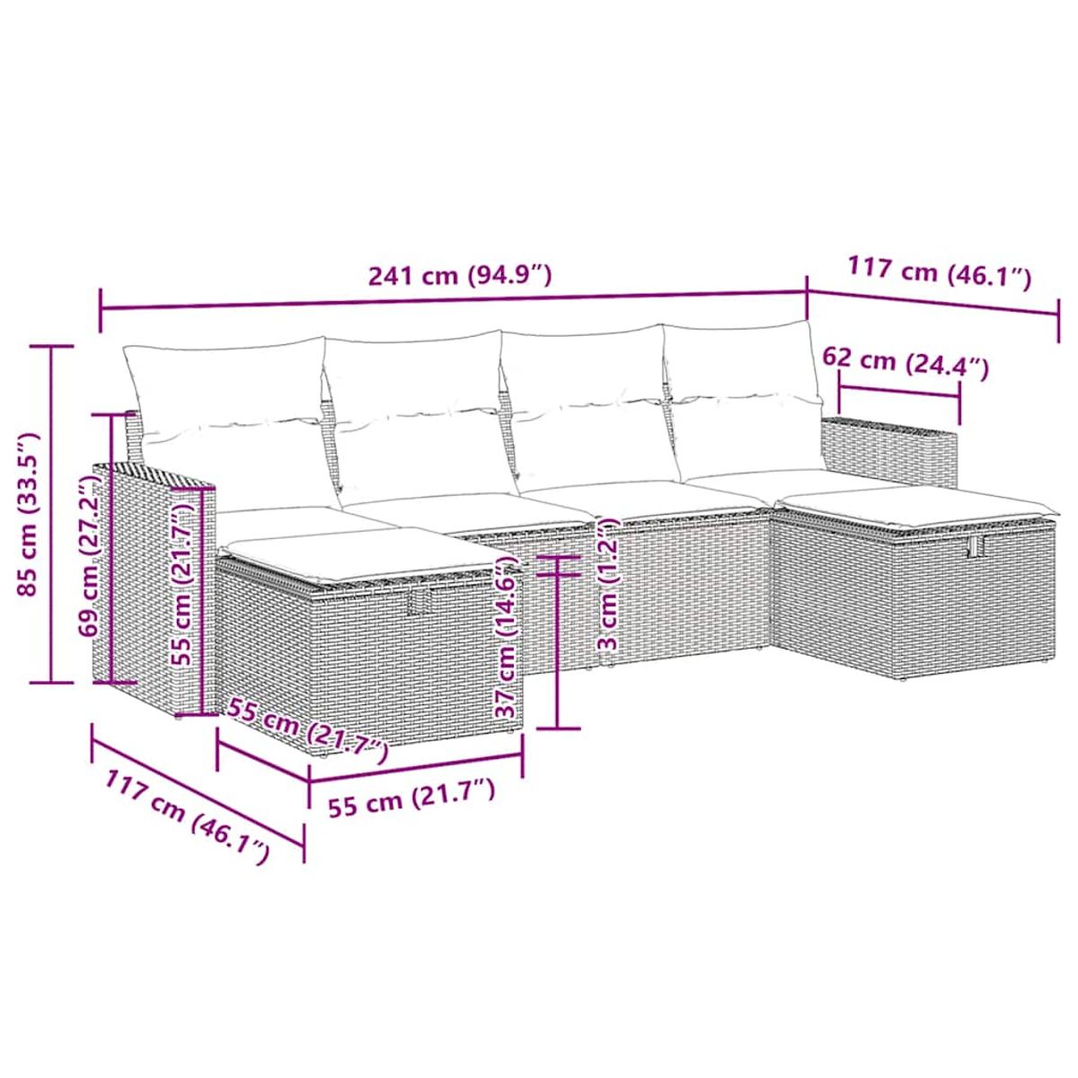 Diagramm eines Sofas für den Außenbereich mit Abmessungen in cm und Zoll. Das Sofa ist aus Korb.