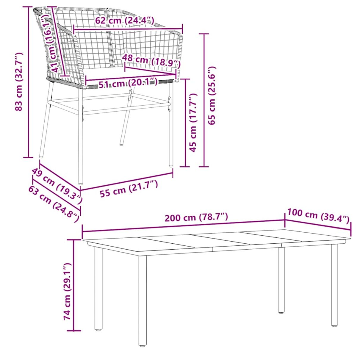 Diagramm eines Stuhls und eines Tisches mit Abmessungen in cm. Der Stuhl ist aus Weide.