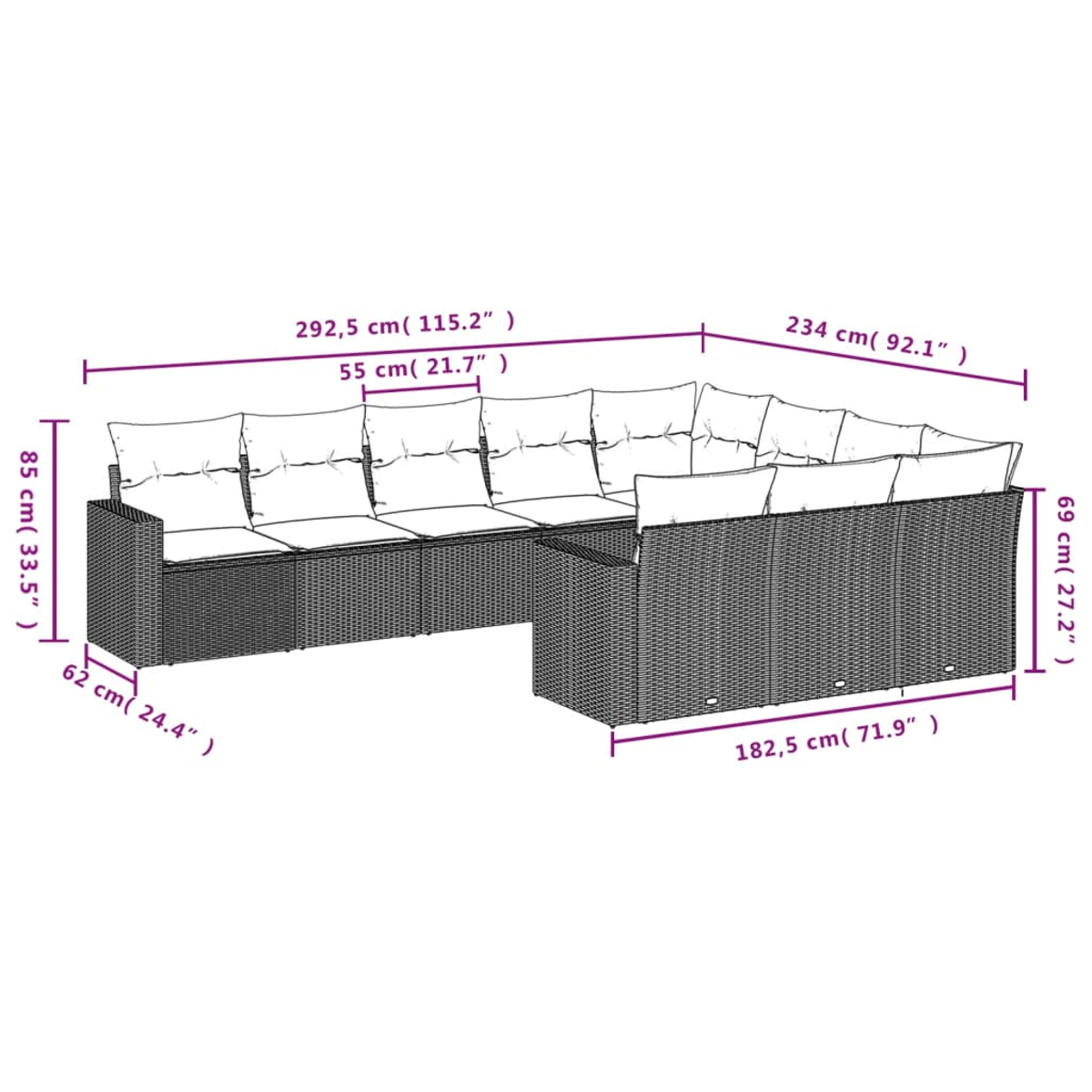 Diagramm eines Ecksofas mit Abmessungen. Graues Korbgeflecht und blaue Kissen.