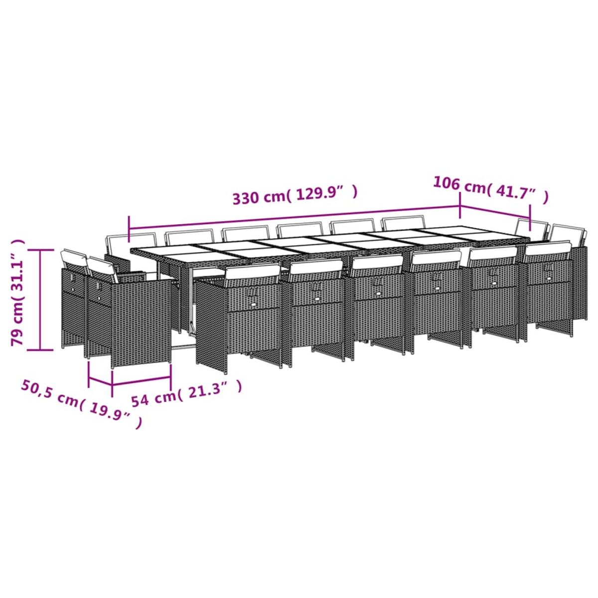 Diagramm eines Essgruppen-Sets im Freien mit Tisch und Stühlen, Abmessungen.