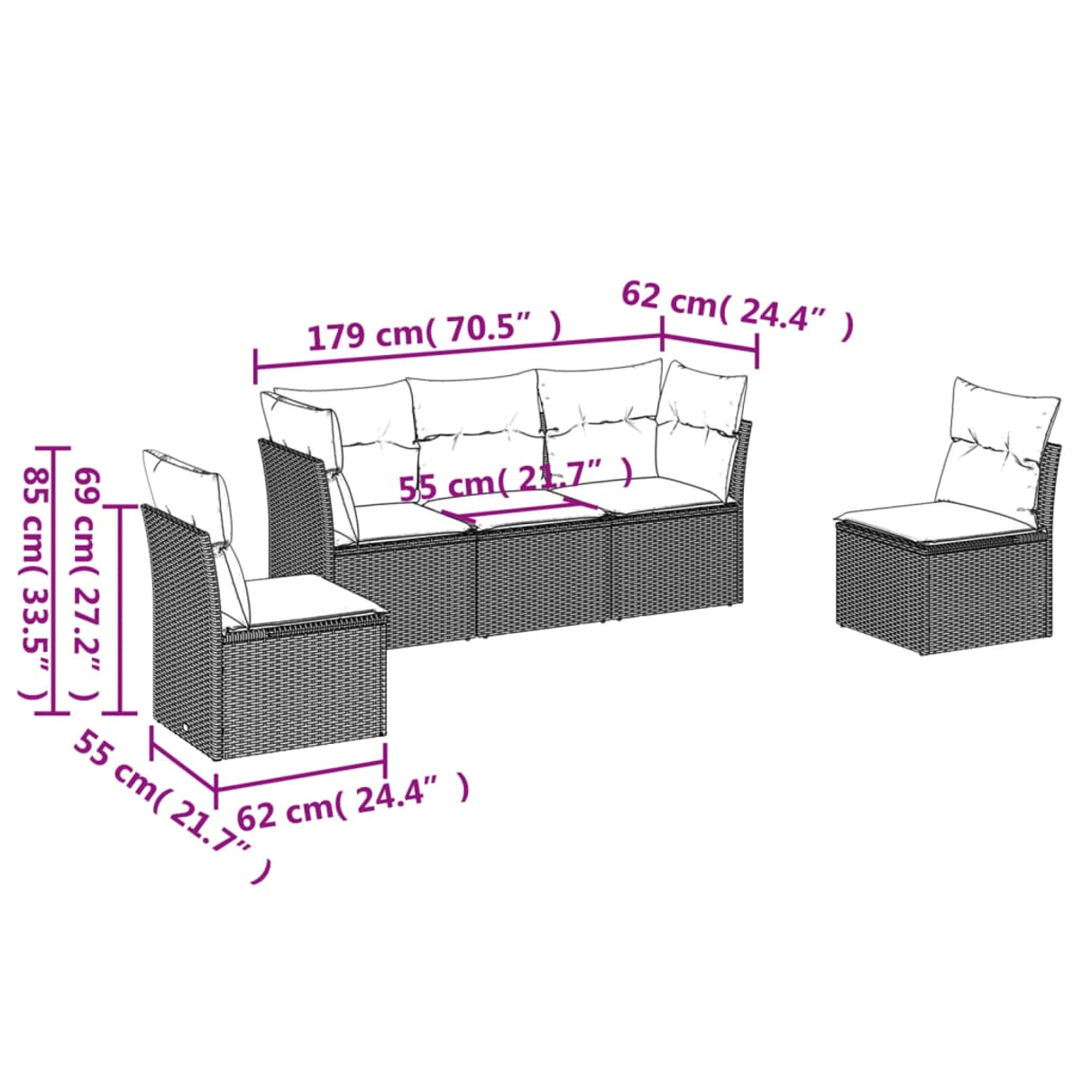 Ein braunes Sofa aus Korbgeflecht mit weißen Kissen und einem passenden Stuhl. Weißer Hintergrund.