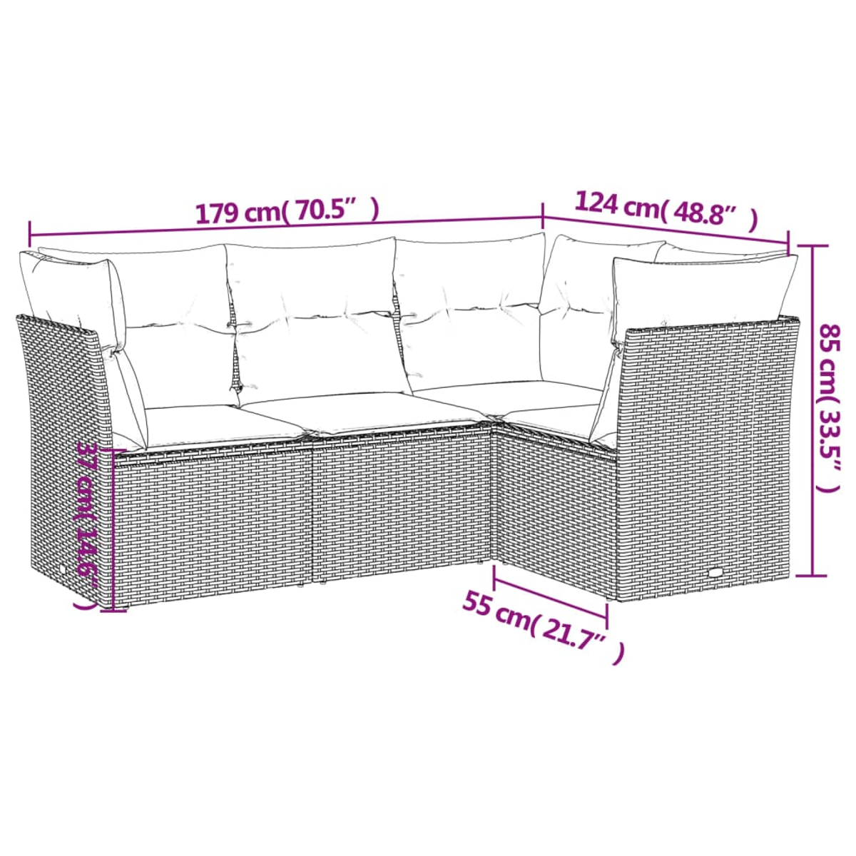 Diagramm eines Korbsessel-L-förmigen Sofas mit Abmessungen in cm und Zoll.