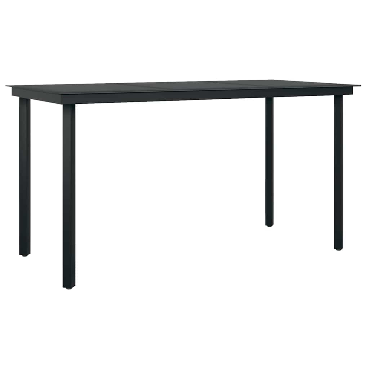 Ein schwarzer rechteckiger Tisch mit vier schwarzen Beinen, vor weißem Hintergrund. Es ist ein einfaches Design.