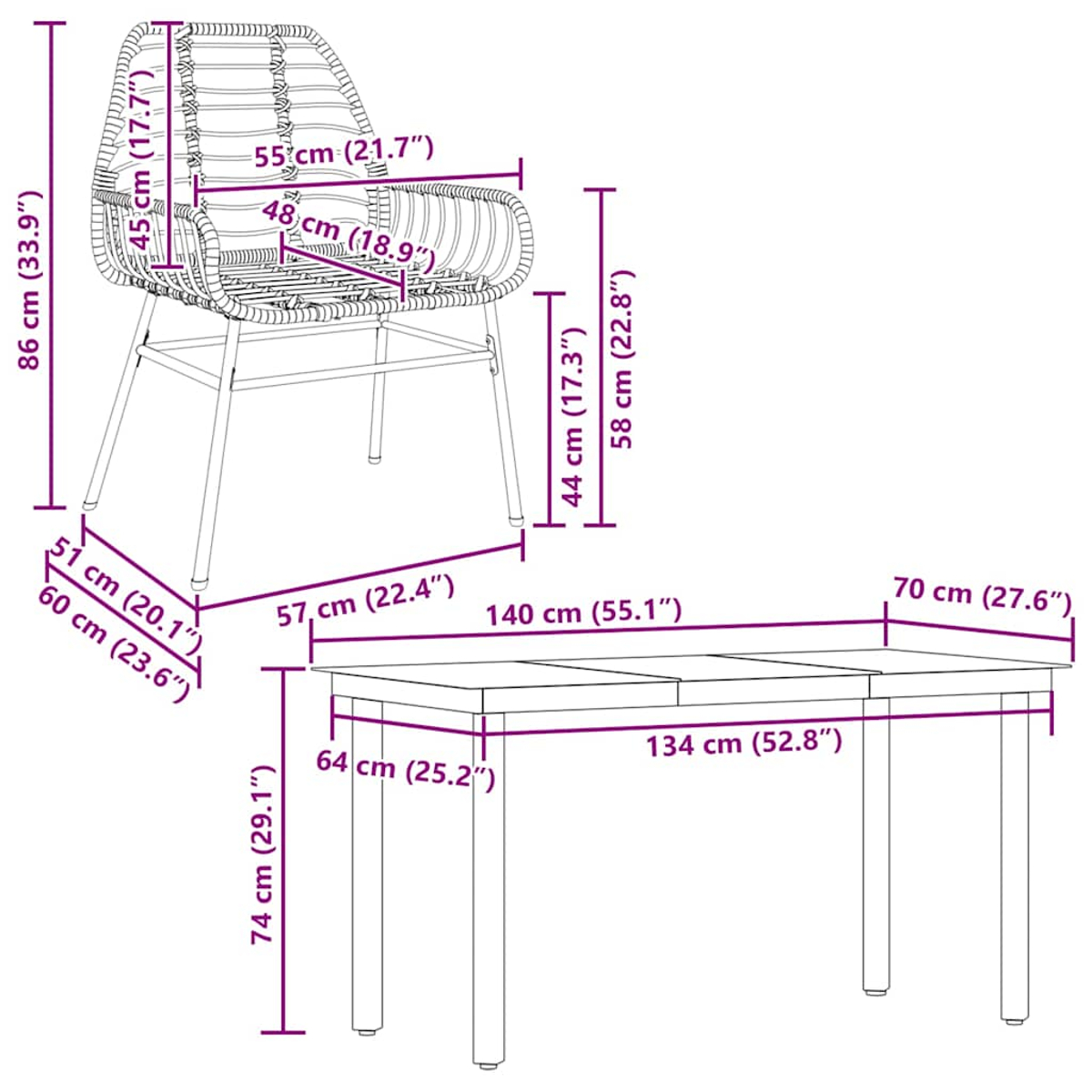 Ein Diagramm mit den Abmessungen eines Stuhl- und Tischsets. Der Stuhl hat ein gewebtes Design und Metallbeine.