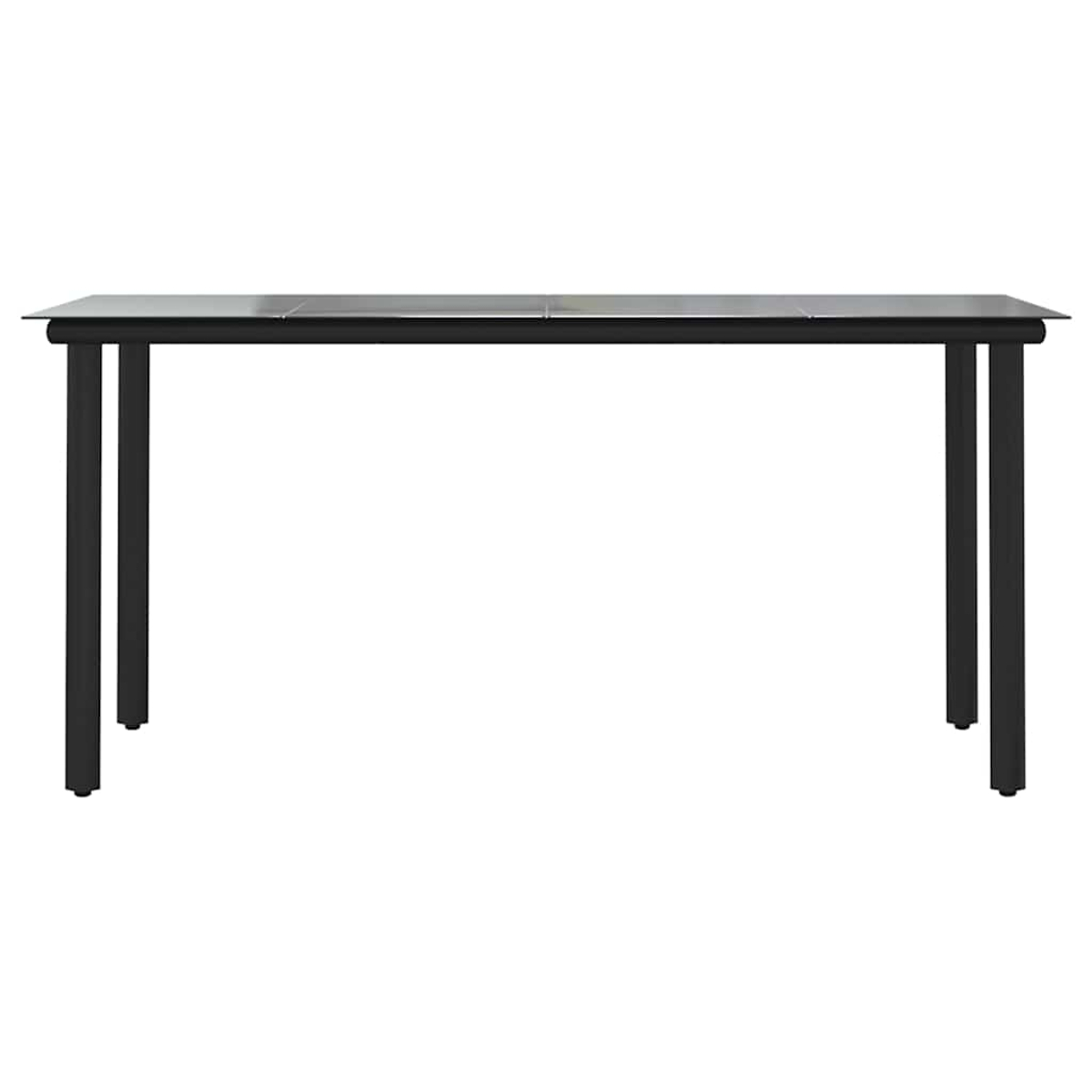 Ein schwarzer rechteckiger Tisch mit vier schwarzen Beinen, vor weißem Hintergrund. Der Tisch hat eine Glasplatte.