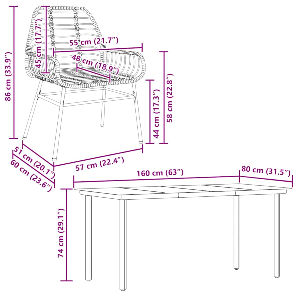 Ein Diagramm mit den Abmessungen eines Stuhl- und Tischsets. Der Stuhl hat ein gewebtes Design und Metallbeine.