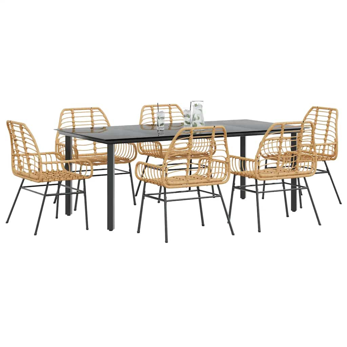 Un juego de comedor con una mesa negra y seis sillas de ratán tejido con patas negras. El conjunto está sobre blanco.