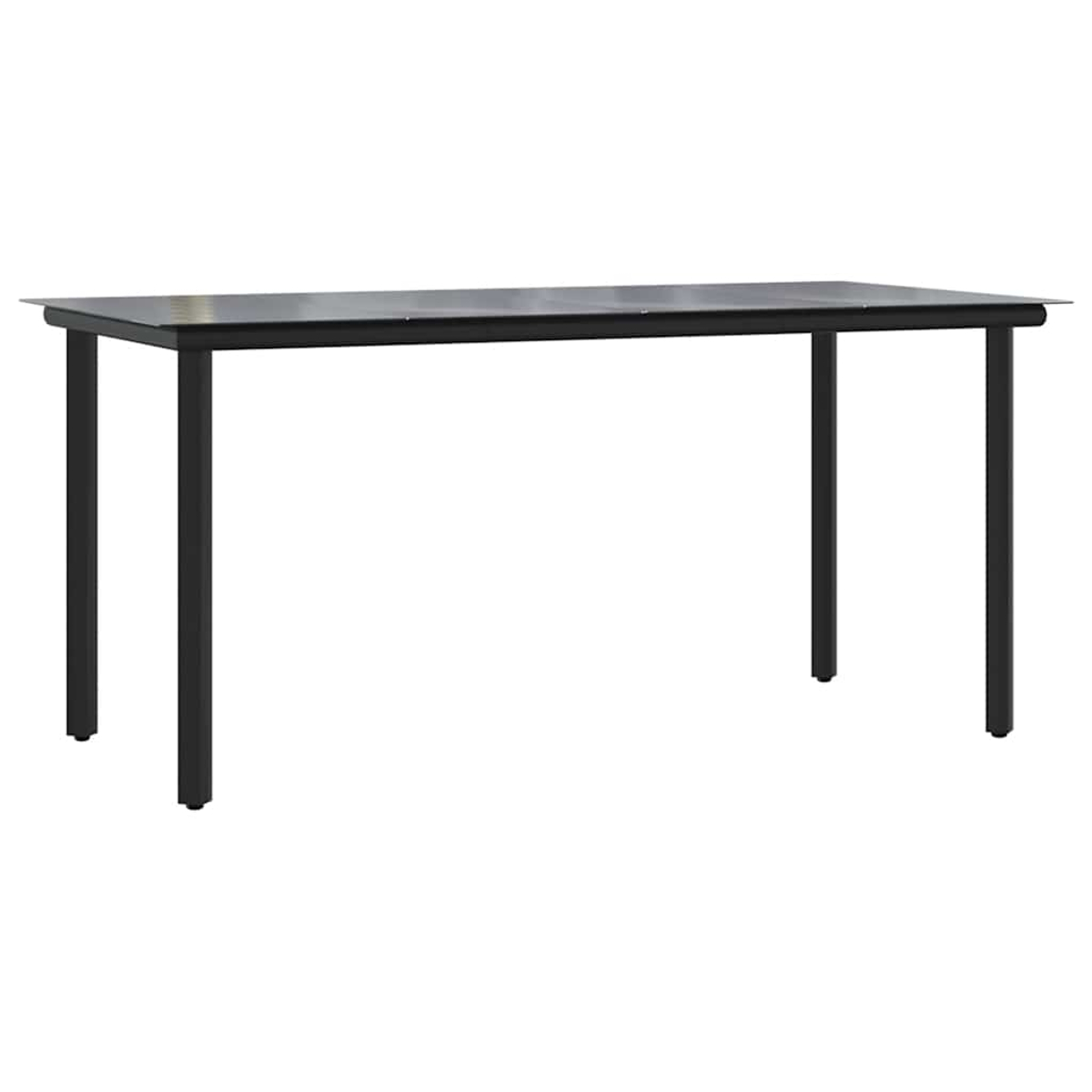 Schwarzer rechteckiger Tisch mit vier Beinen. Sauberes, schlichtes Design. Weißer Hintergrund.