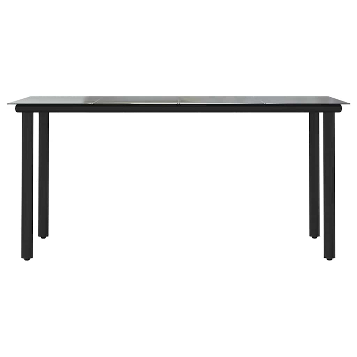 Schwarzer rechteckiger Tisch mit vier Beinen. Sauberes, schlichtes Design. Weißer Hintergrund.