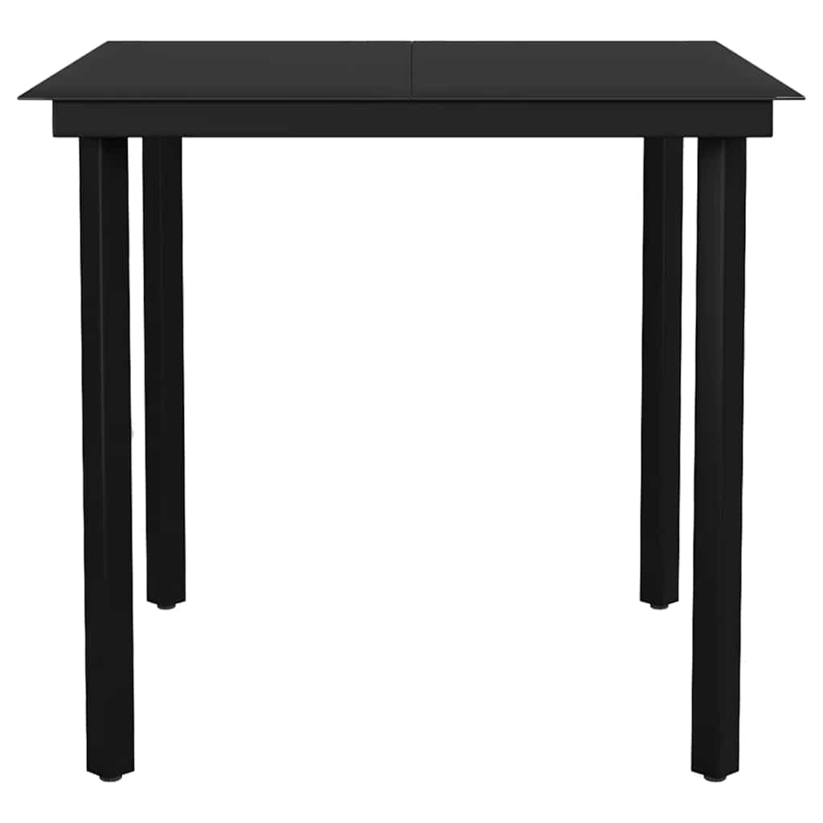 Ein schwarzer quadratischer Tisch mit vier Beinen.