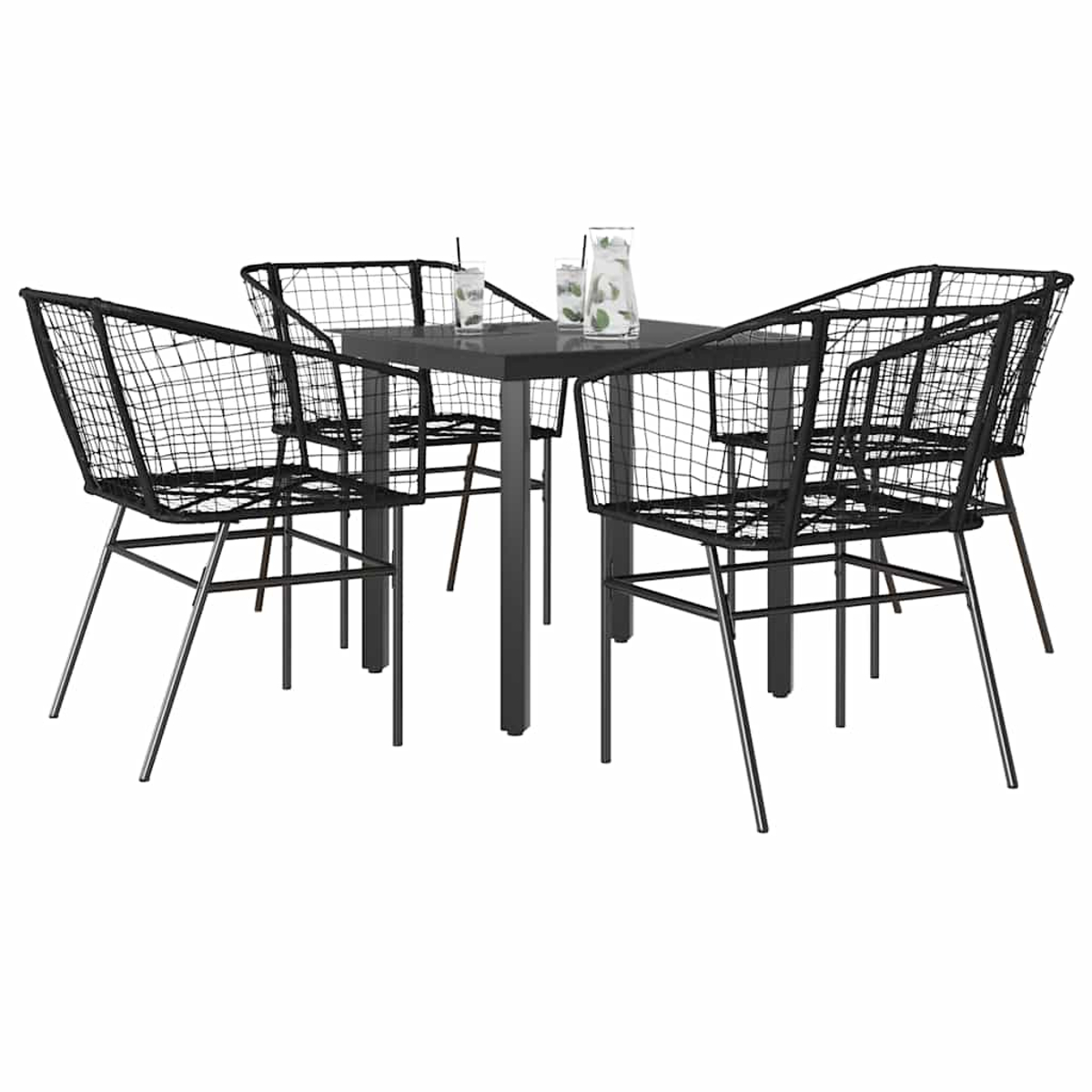 Una mesa con cuatro sillas de alambre, con bebidas en la mesa.