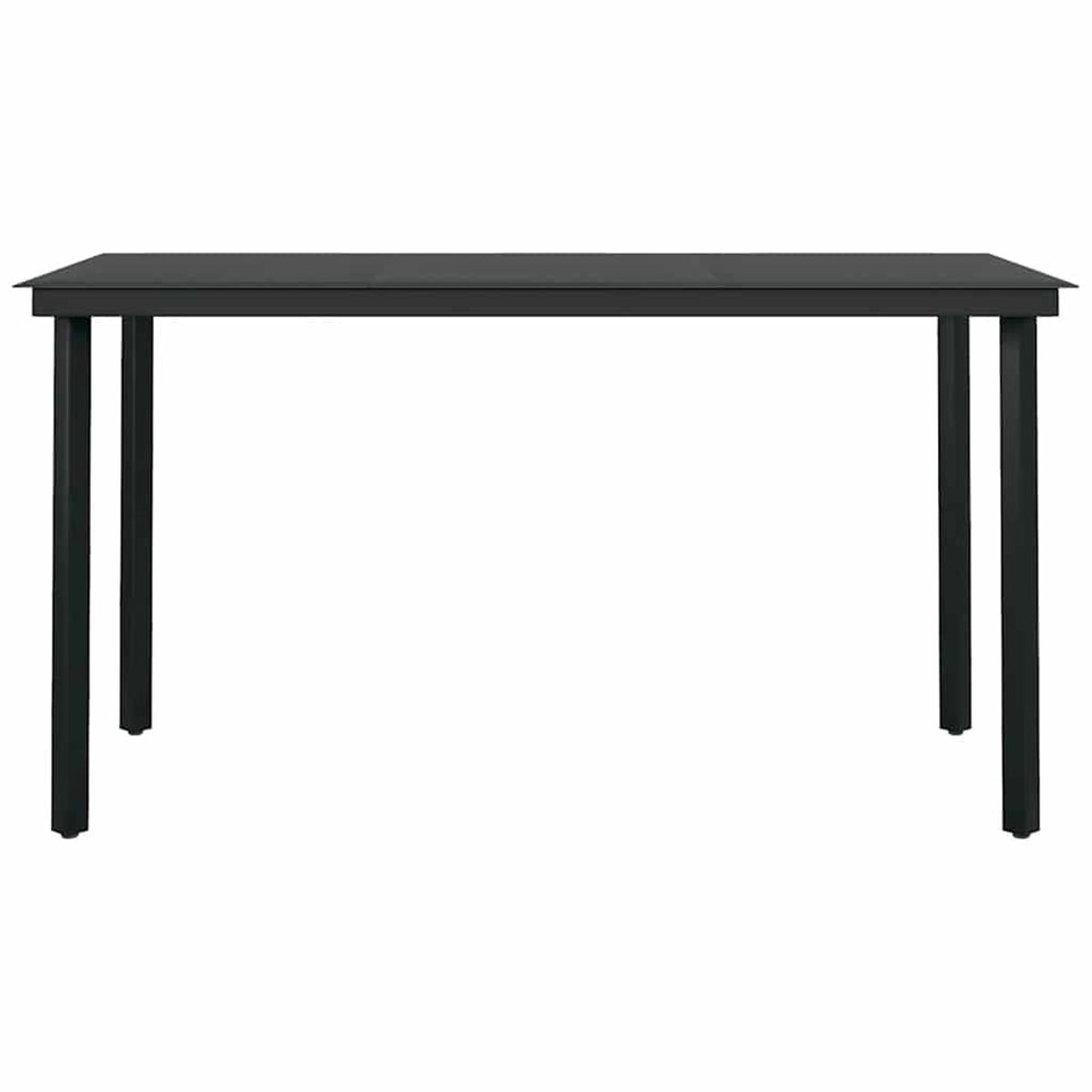 Ein schwarzer rechteckiger Tisch mit vier Beinen. Es ist ein einfaches Design, das für verschiedene Umgebungen geeignet ist.