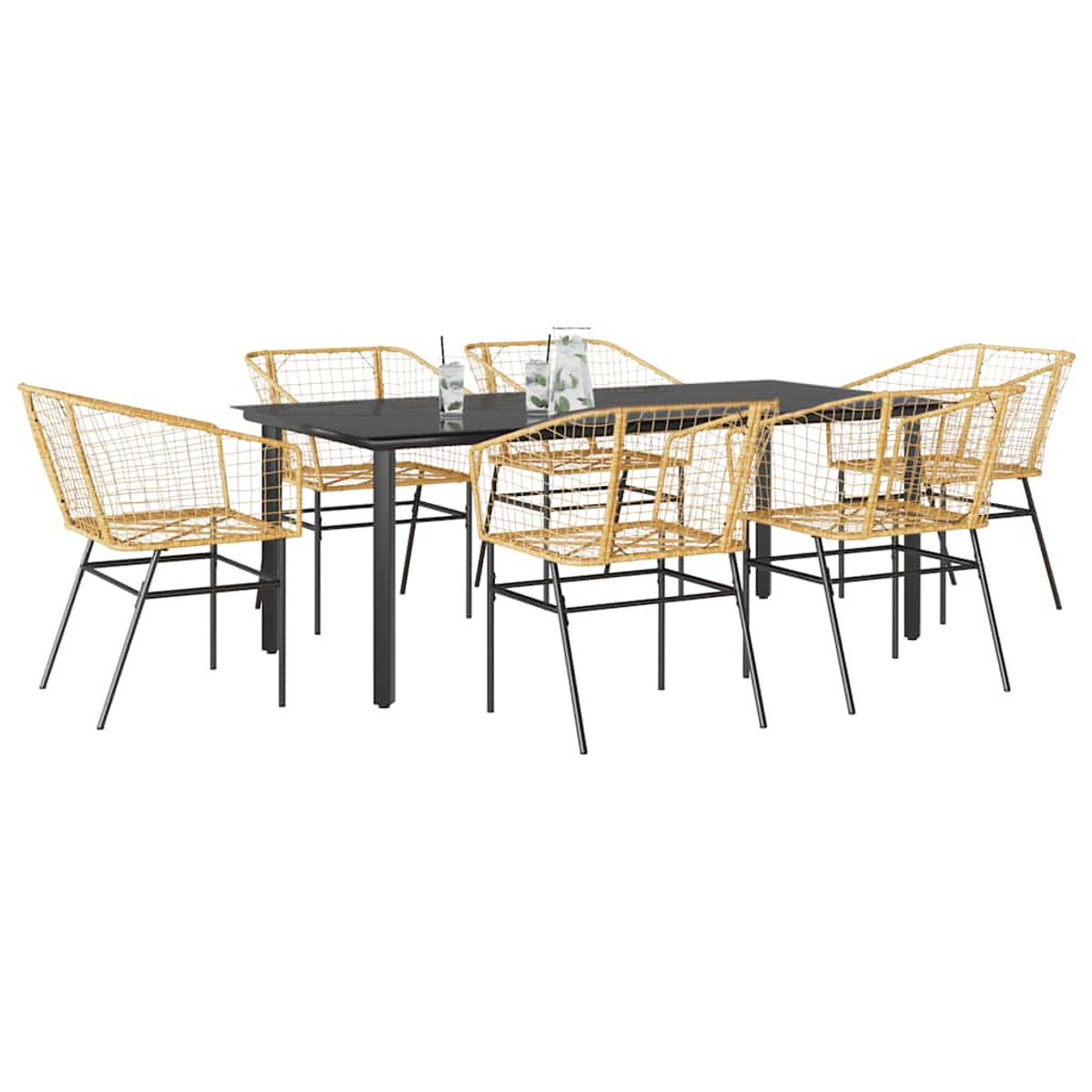 Ein Terrassenset mit sechs Stühlen und einem Tisch. Getränke stehen auf dem Tisch. Weißer Hintergrund.