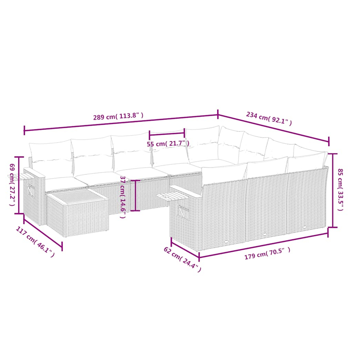 Diagramm eines großen, U-förmigen geflochtenen Outdoor-Sofa mit Abmessungen in cm und Zoll.