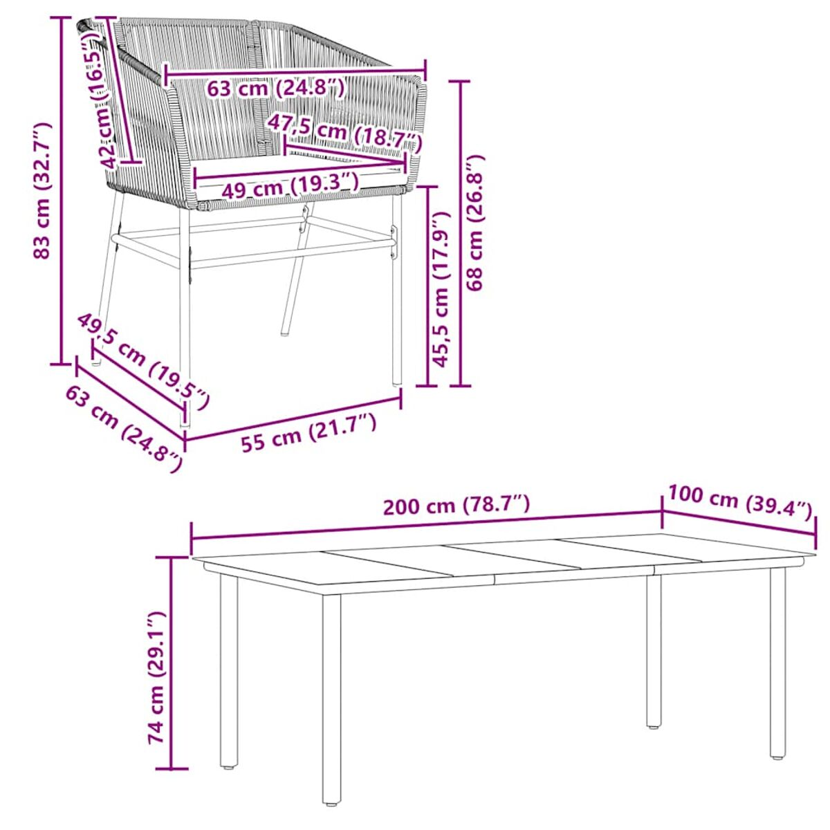 Diagramm eines Stuhls und eines Tisches. Abmessungen in cm und Zoll sind auf Stuhl und Tisch angegeben.
