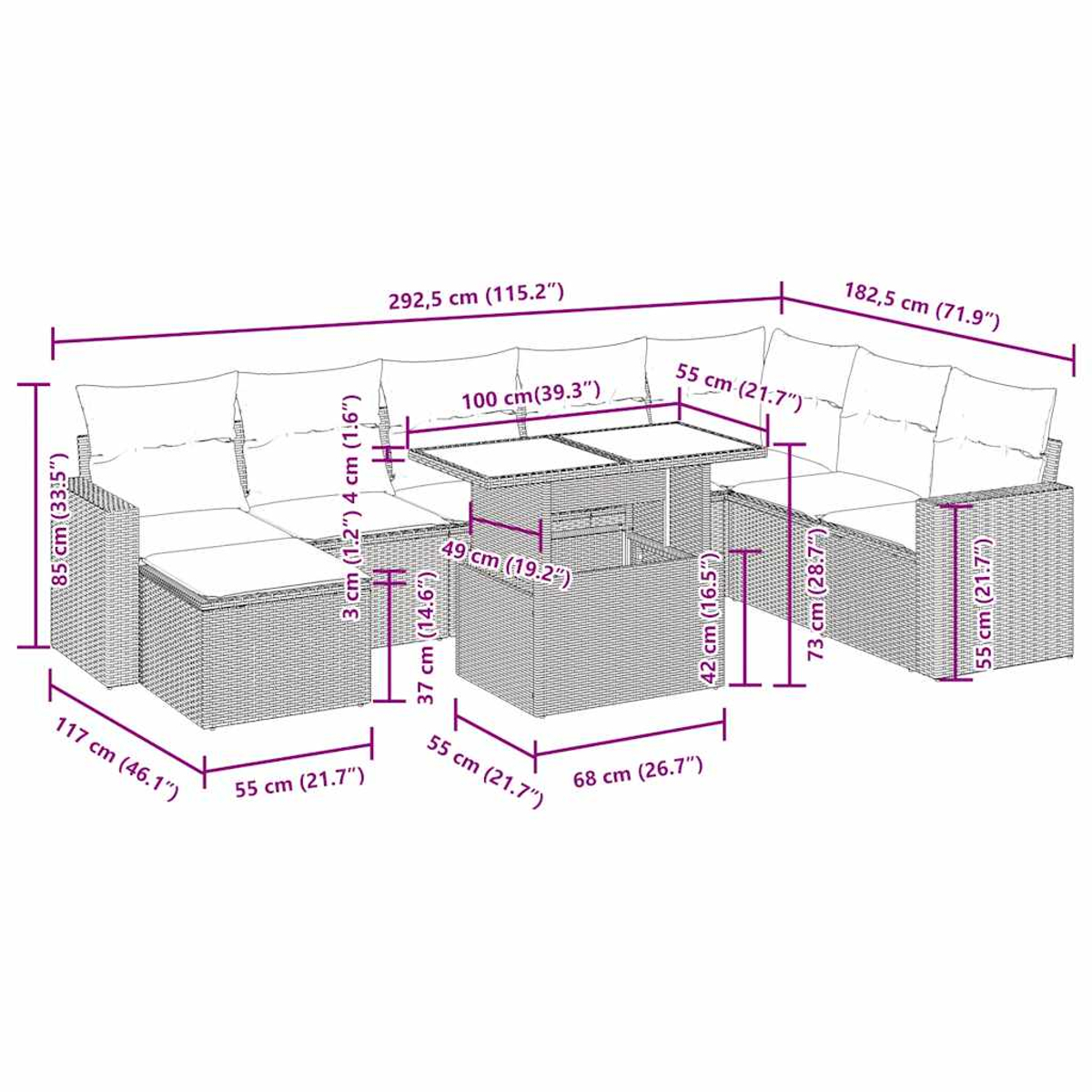Ein Outdoor-Ecksofa-Set mit in cm beschrifteten Abmessungen, einschließlich eines Tisches mit Glasplatten.