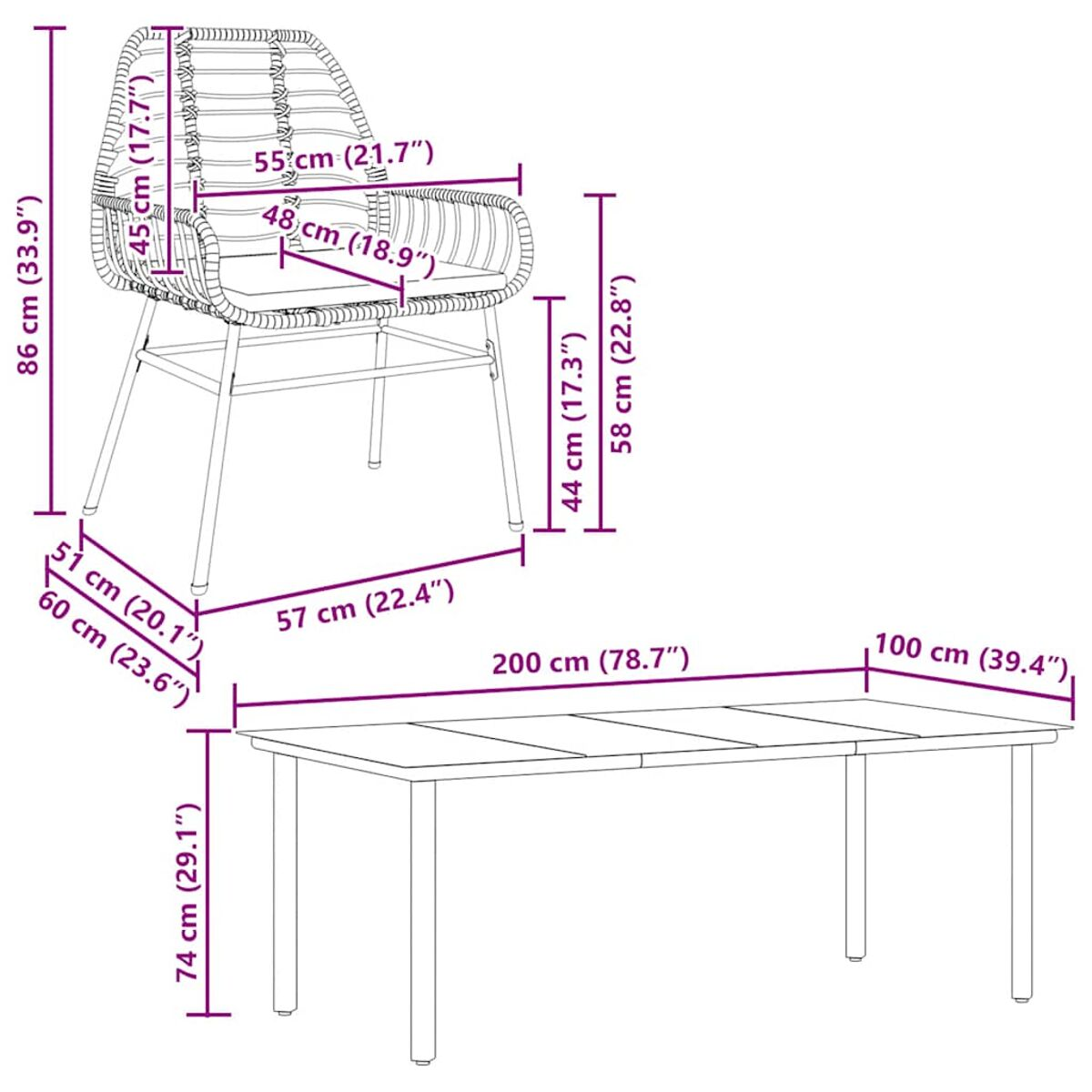 Tisch- und Stuhlset mit Maßen. Rattan-Stühle, schwarzer Tisch. Für Mahlzeiten im Freien.