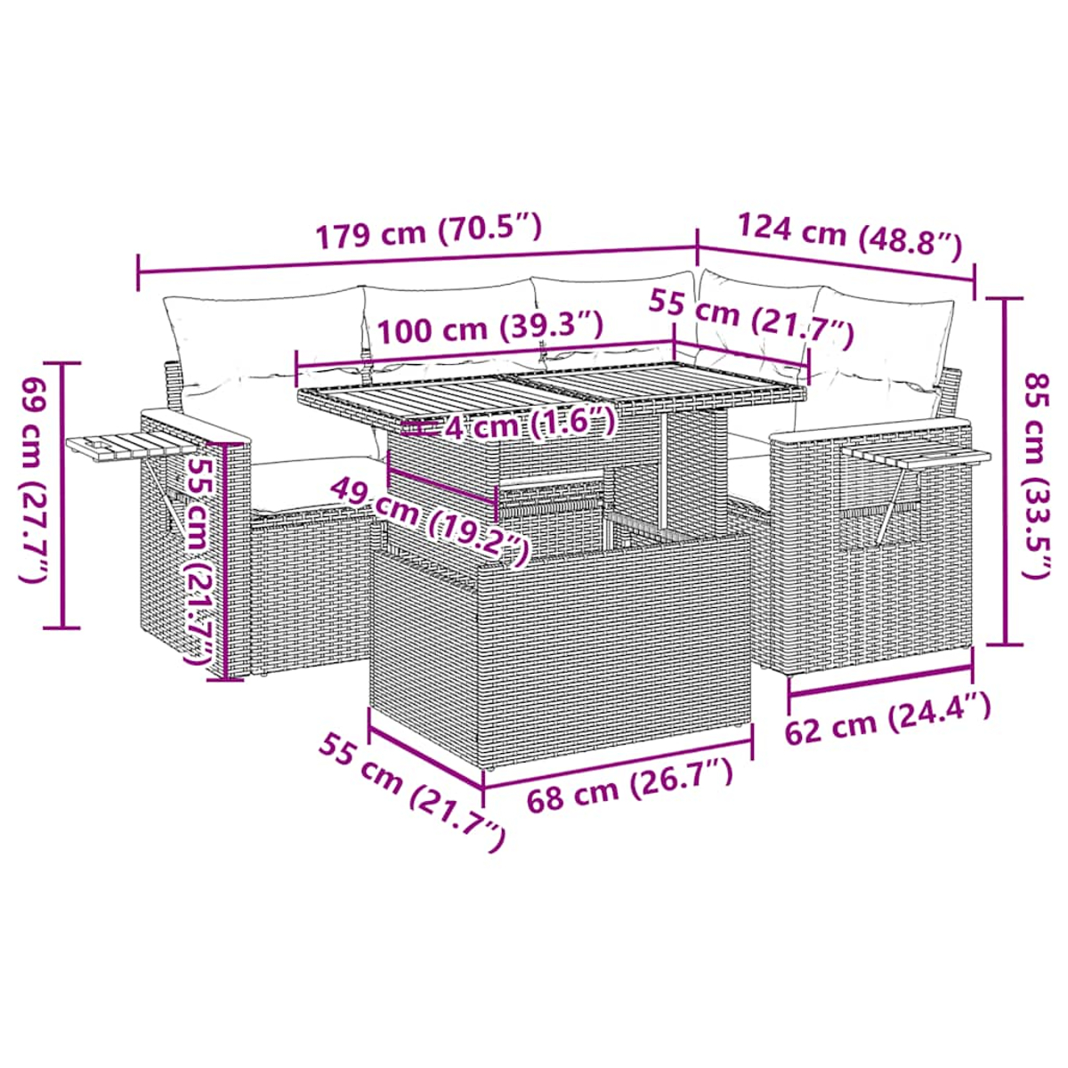 Rattan-Gartenmöbel-Set mit Maßangaben. Enthält ein Sofa, einen Tisch und einen Stuhl. Das Set ist beige.