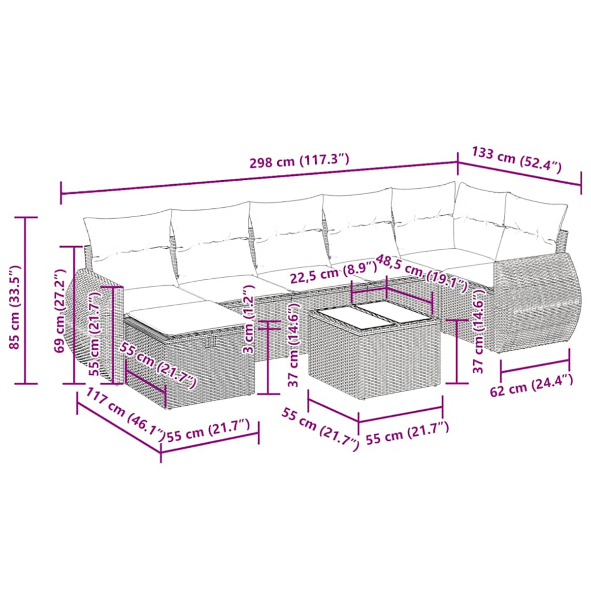 Ein Outdoor-Ecksofa-Set mit in cm beschrifteten Abmessungen, einschließlich eines Tisches mit Glasplatten.