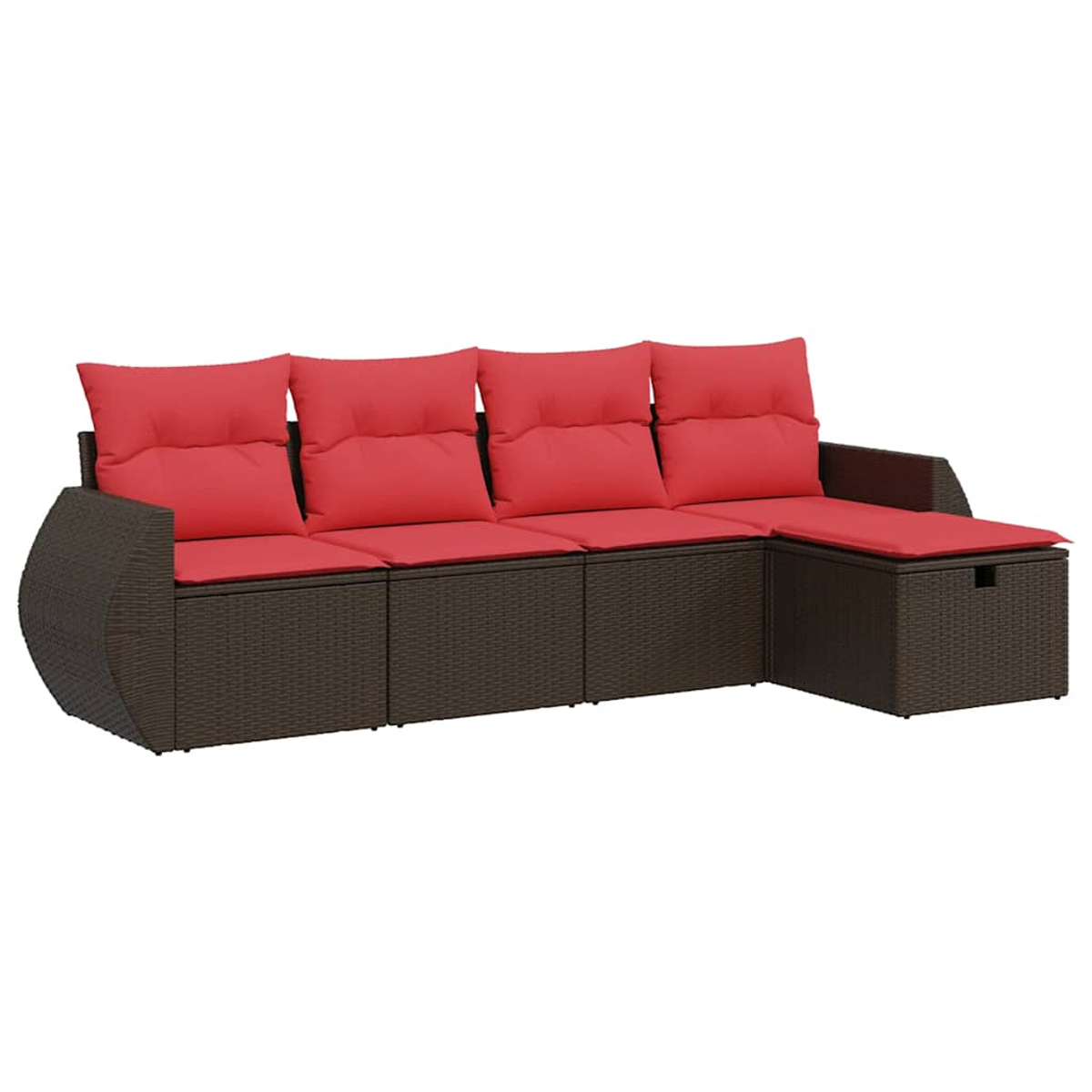 Dunkelbraunes Rattan-Ecksofa mit roten Kissen. Ein Abschnitt hat ein Staufach.