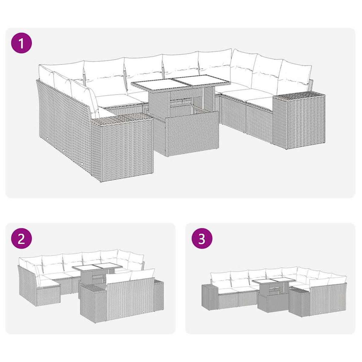 Diagramm mit drei Outdoor-Möbelanordnungen. Mit Zahlen versehen und zeigt verschiedene Aufbauten.