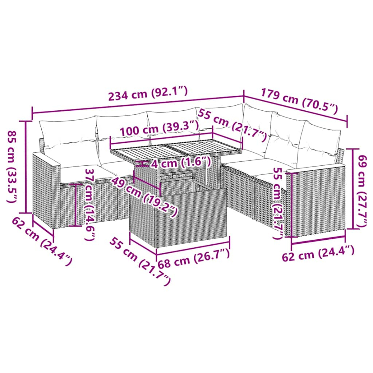 Diagramm eines Ecksofas und Couchtisches im Freien. Abmessungen in cm und Zoll.