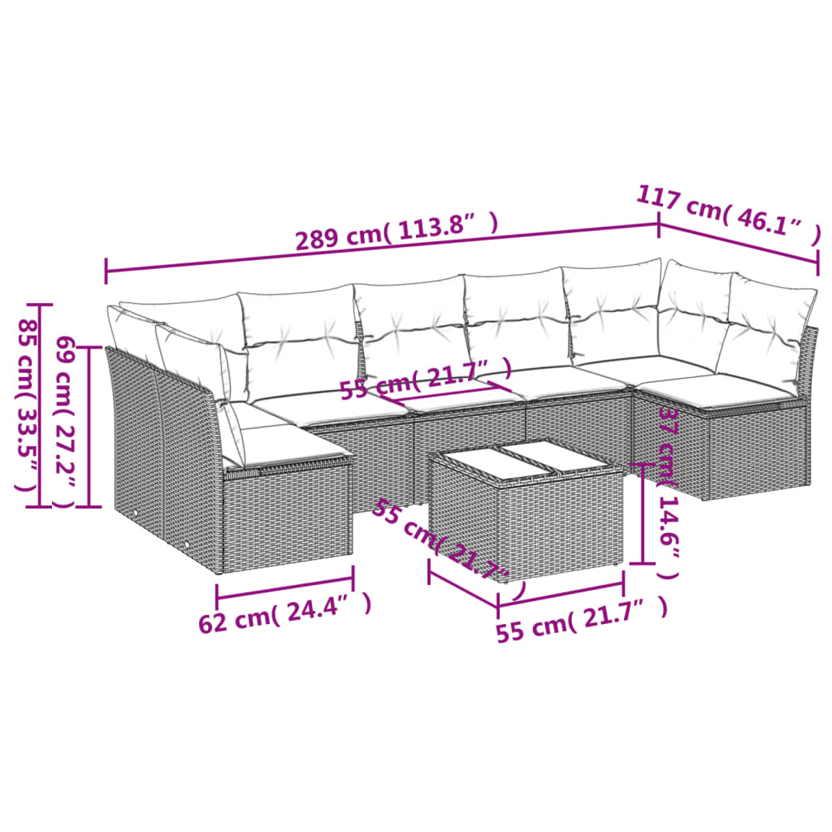 Ein Diagramm, das die Abmessungen eines Gartenmöbel-Sets aus Korbgeflecht in Zentimetern und Zoll zeigt.