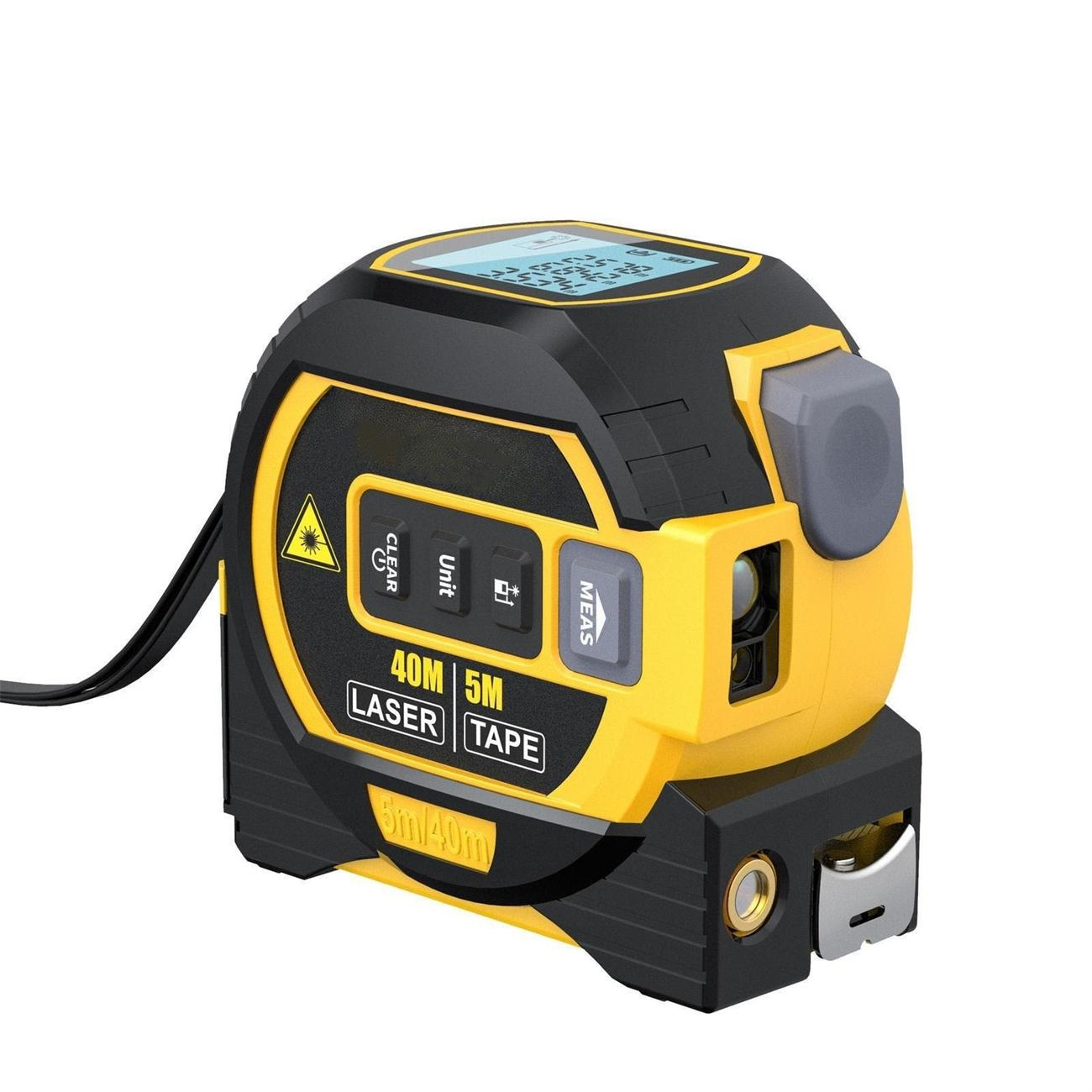Ein schwarz-gelbes Laser-Bandmaß. Es hat Knöpfe und ein digitales Display.