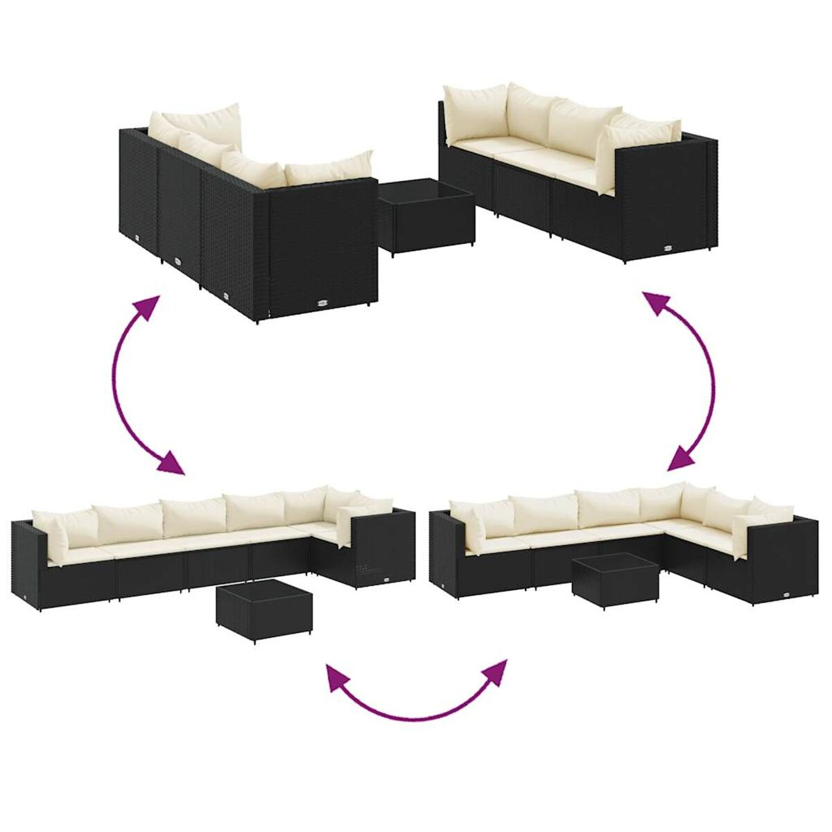 Mehrere Anordnungen von schwarzen Outdoor-Schnittsofas mit cremefarbenen Kissen. Pfeile zeigen an.