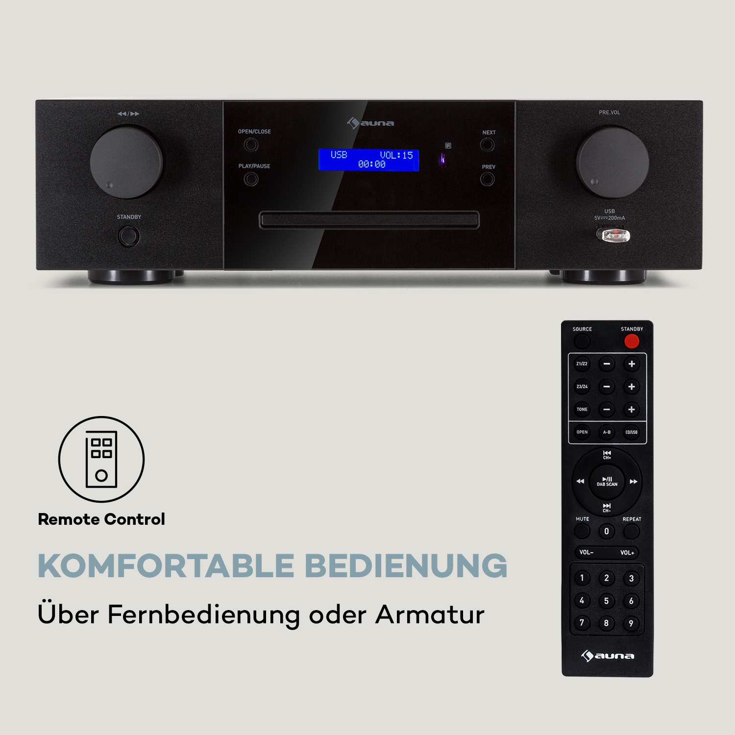 Schwarze Stereoanlage mit Fernbedienung und Text auf Deutsch. Es hat ein digitales Display.