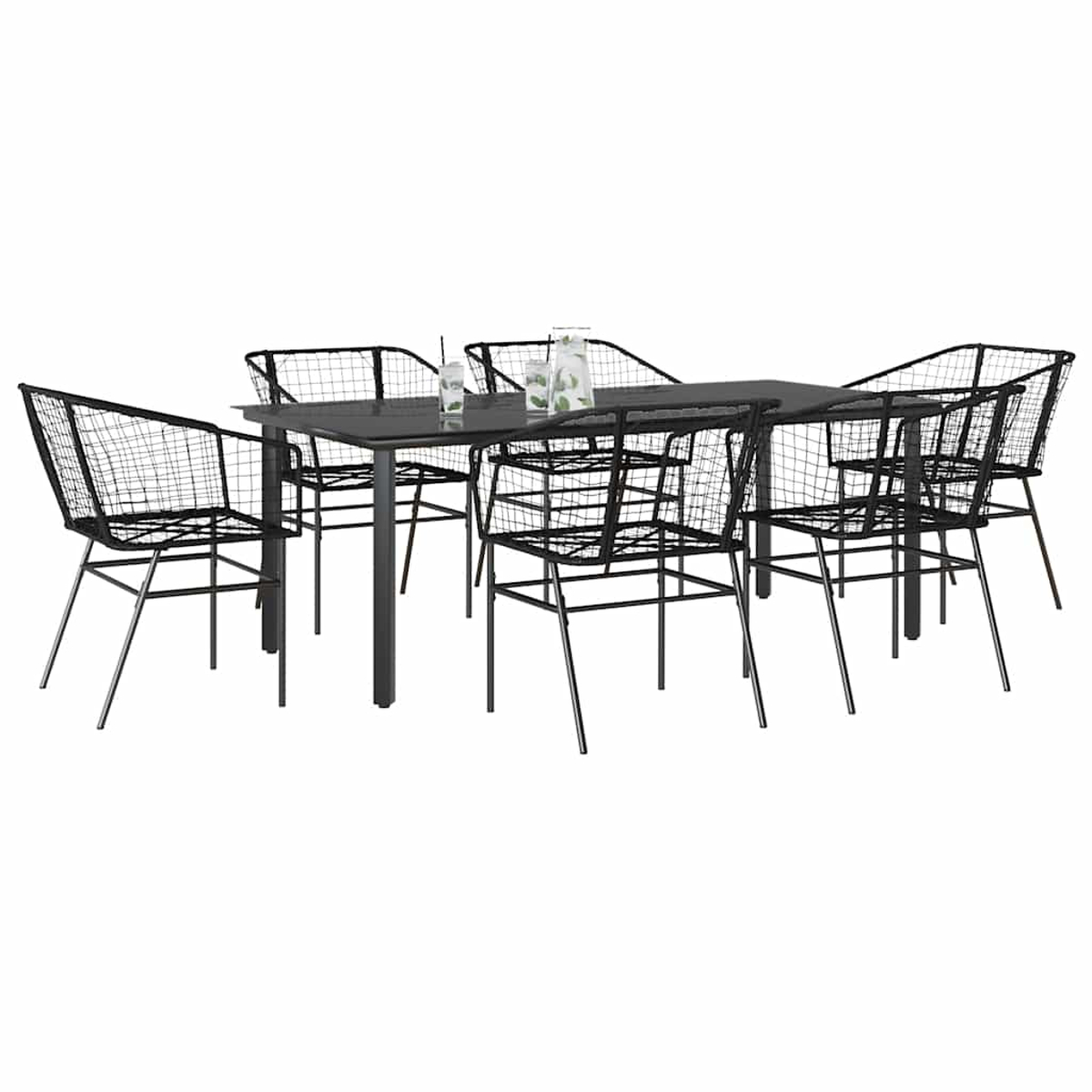 Juego de comedor exterior de metal negro. Mesa con sillas y bebidas.