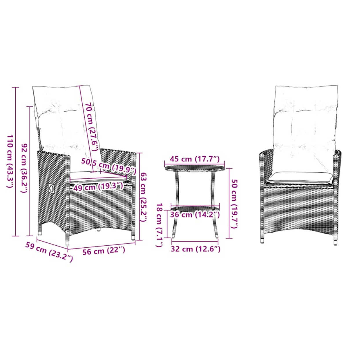 Abmessungen von Stuhl und Beistelltisch. Stuhl ist 110 cm (43,3") hoch, 59 cm (23,2") breit. Tisch ist 45 cm (17,7") breit.
