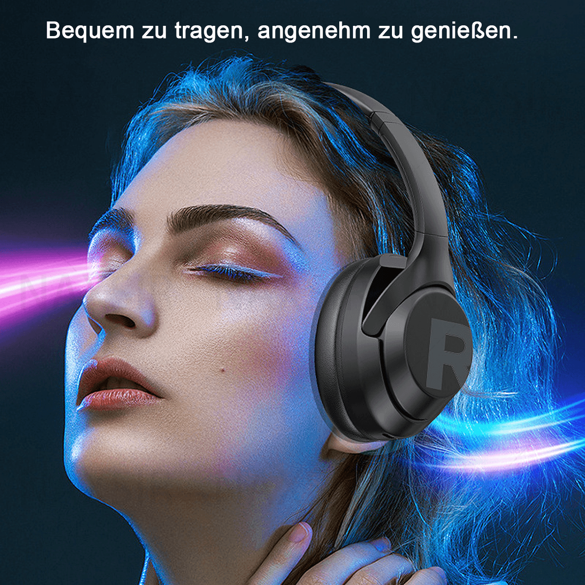 Eine Frau mit schwarzen Kopfhörern, unscharfer Hintergrund und leuchtenden Neonfarben.