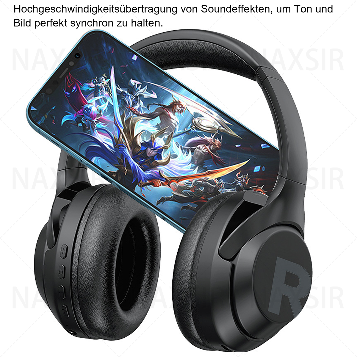 Schwarze Kopfhörer mit einem Handy, das ein Spiel zeigt. Text: 'Hochgeschwindigkeitübertragung'.
