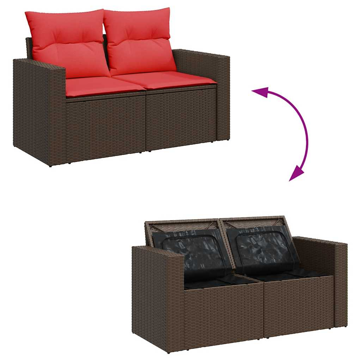 Ein braunes Liebes-Sofa aus Weide mit roten Kissen und Blick auf den offenen Stauraum.