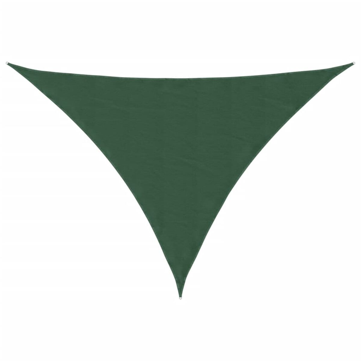 Una vela ombreggiante triangolare verde scuro appesa su uno sfondo bianco.