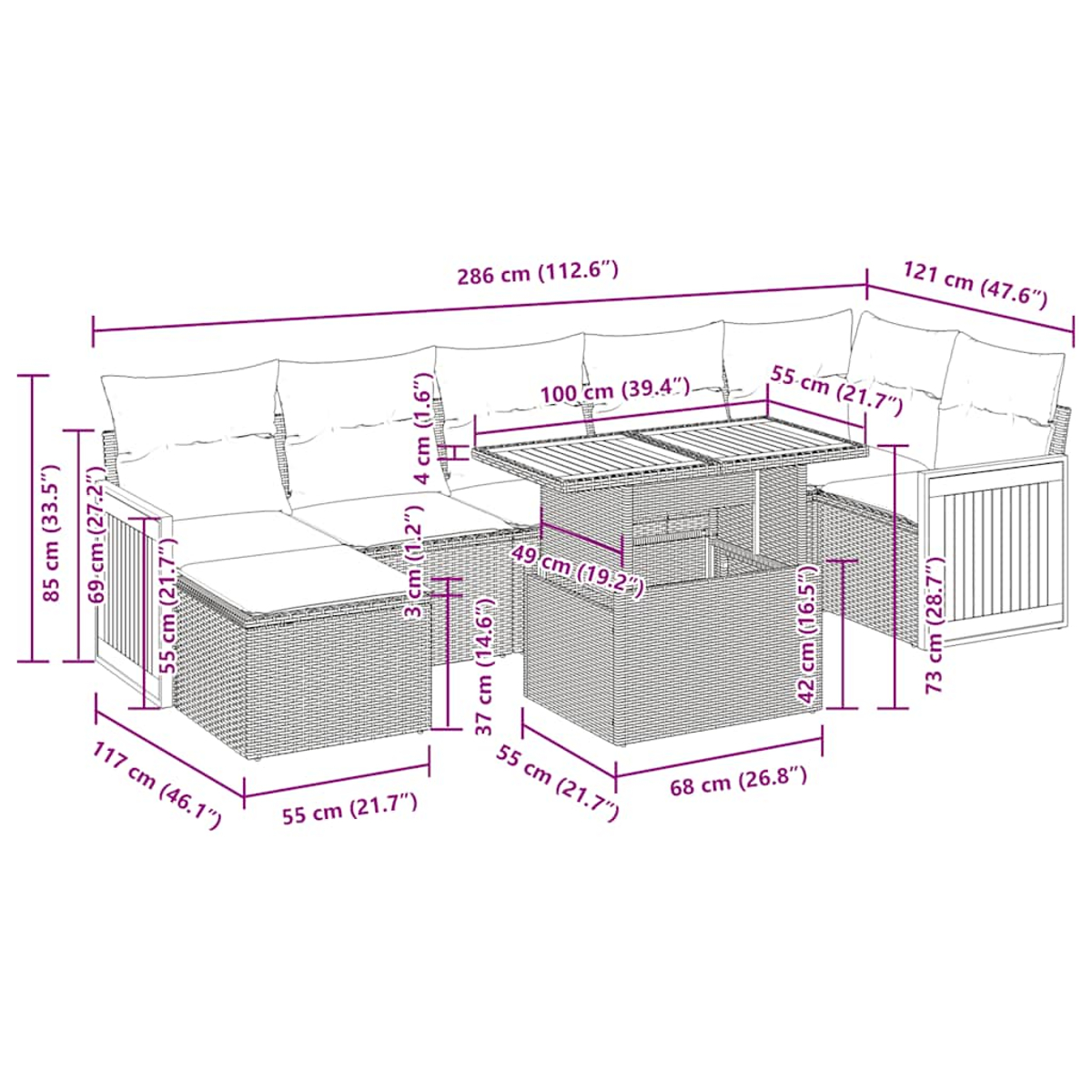 Detaillierte Abmessungen eines Terrassensets, einschließlich Tisch und Sitzanordnungen.