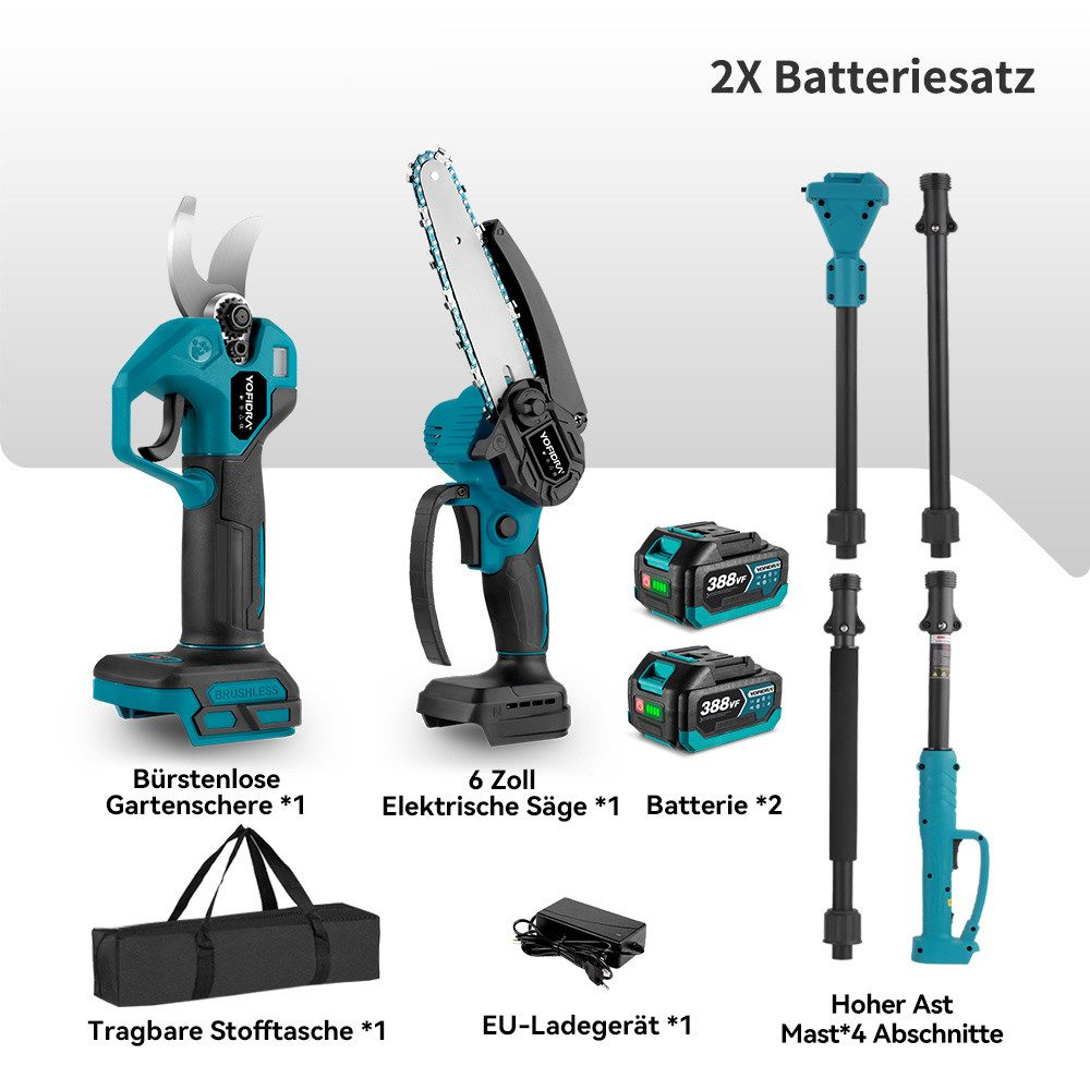 Ein Set schnurloser Gartengeräte, darunter eine Astschere, eine Kettensäge und Batterien.