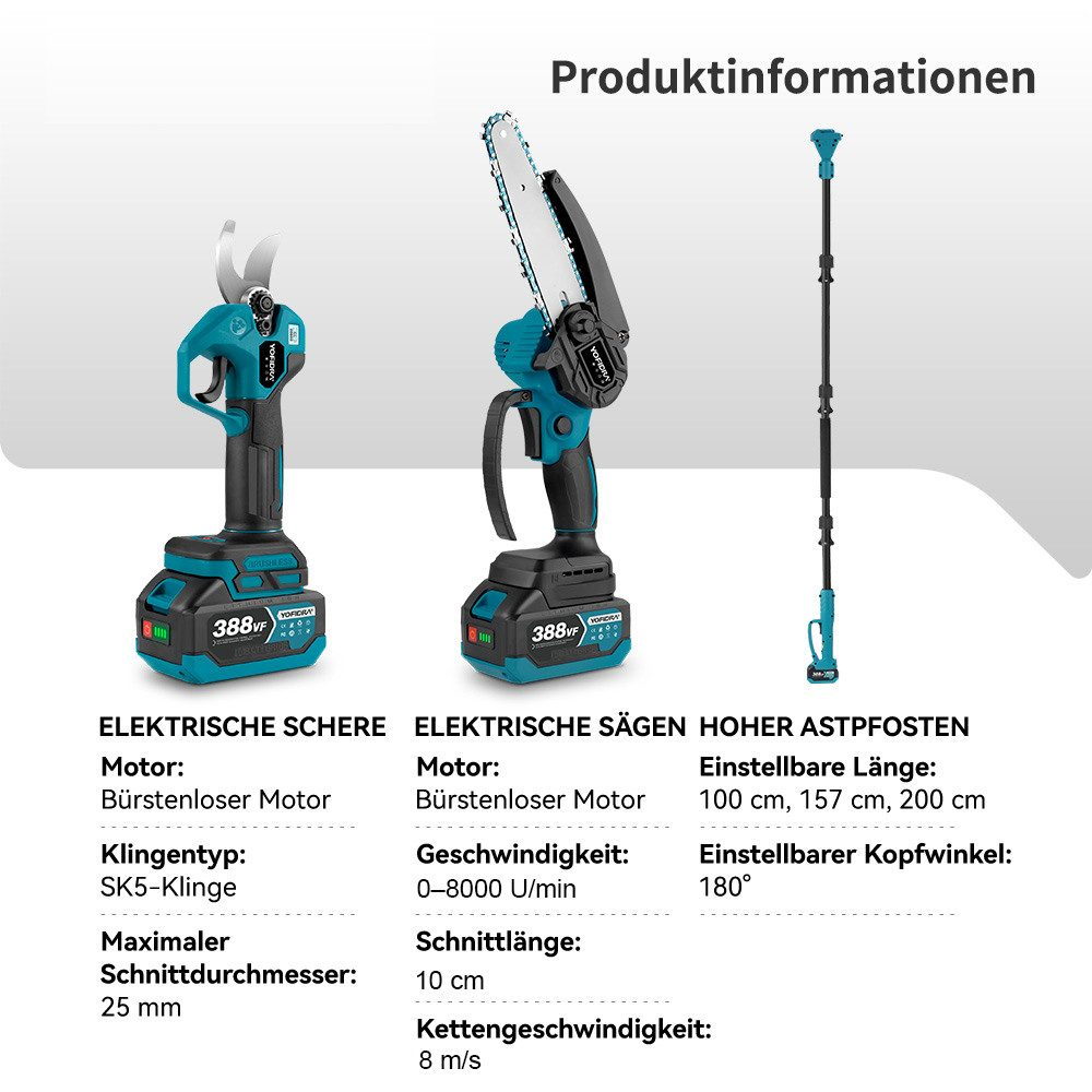 Das Bild zeigt drei Elektrowerkzeuge: eine Baumscheren, eine kleine Kettensäge und eine Stangensäge.