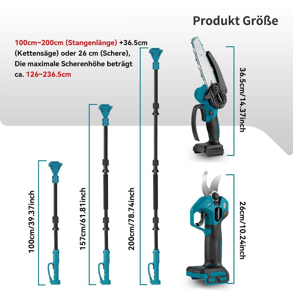 Diagramm elektrischer Baumschnittwerkzeuge, das verschiedene Größen und Abmessungen in cm/Zoll zeigt.