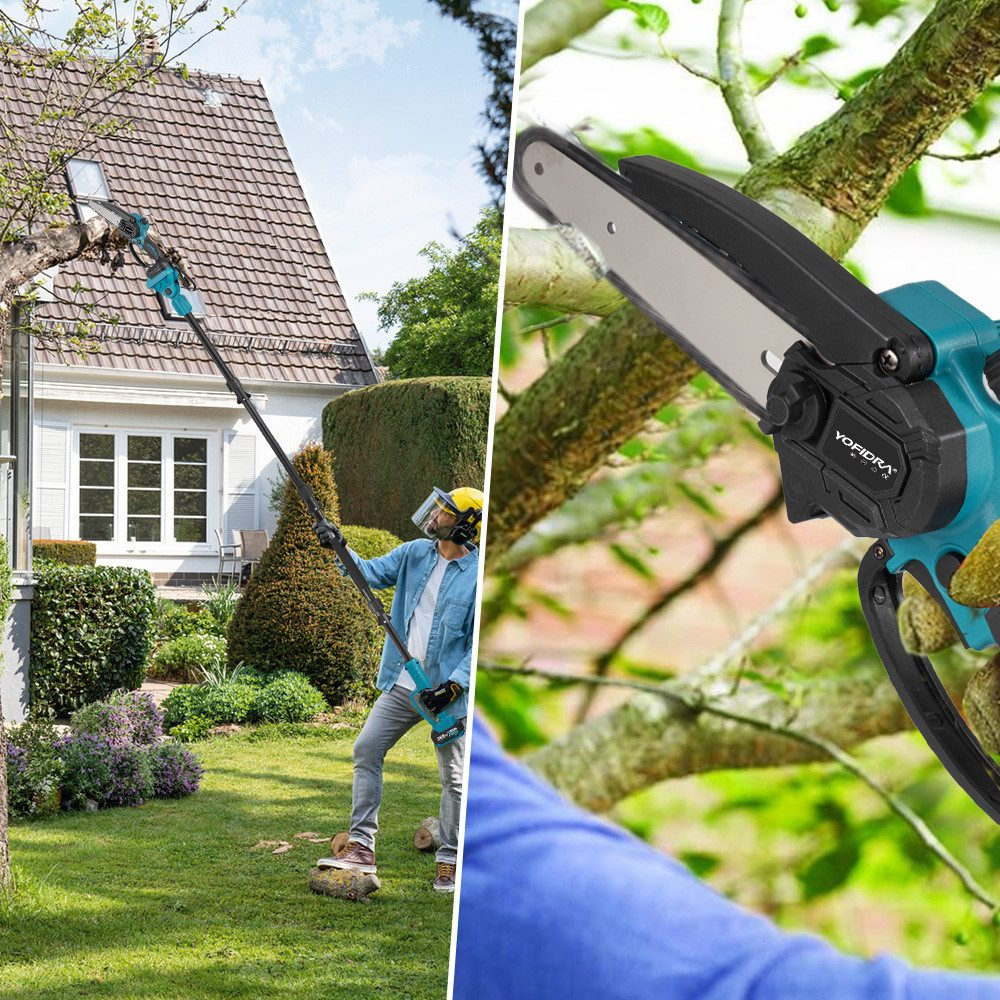 Zwei Bilder einer Person, die ein elektrisches Baumschnittwerkzeug verwendet, um einen Baum und Büsche zu beschneiden.