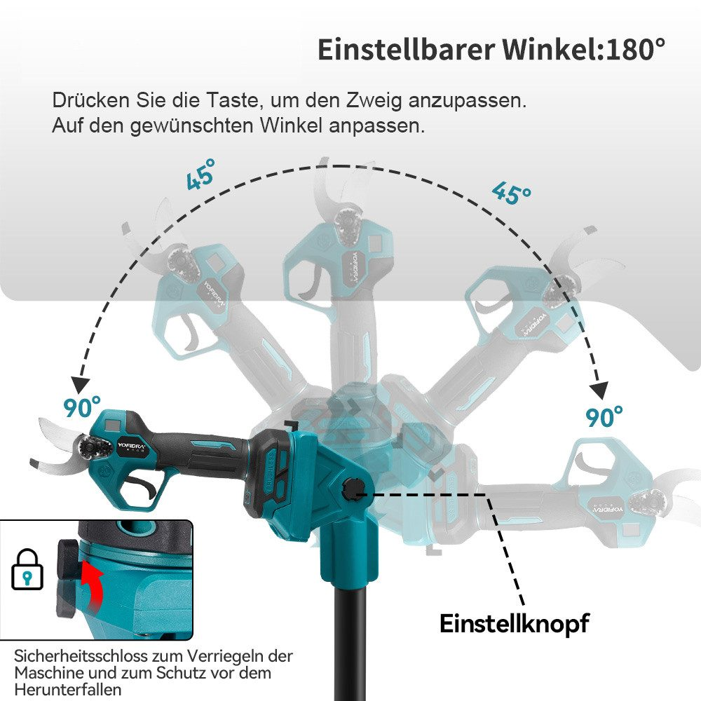 Diagramm, das den einstellbaren Winkel der elektrischen Baumscheren mit Beschriftungen und Messungen zeigt.
