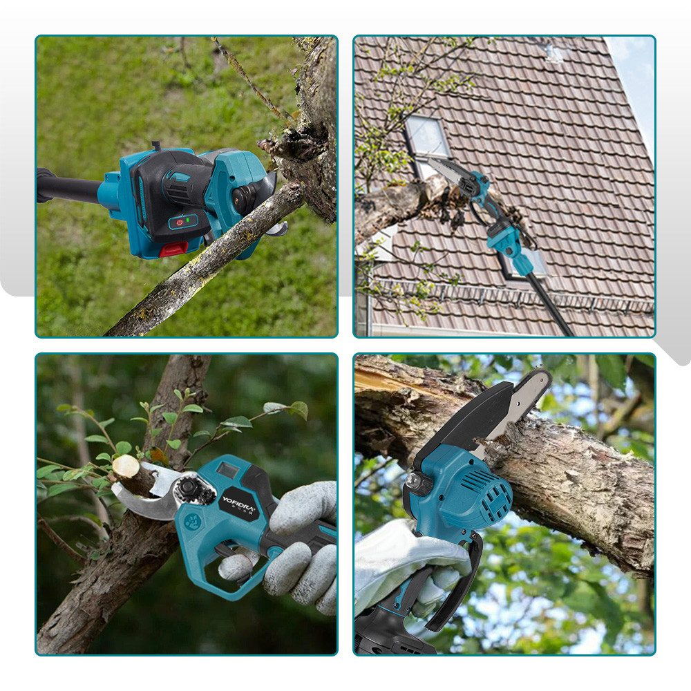 Vier Bilder, die die Verwendung von elektrischer Baumsäge und -schere beim Beschneiden von Ästen und Bäumen zeigen.