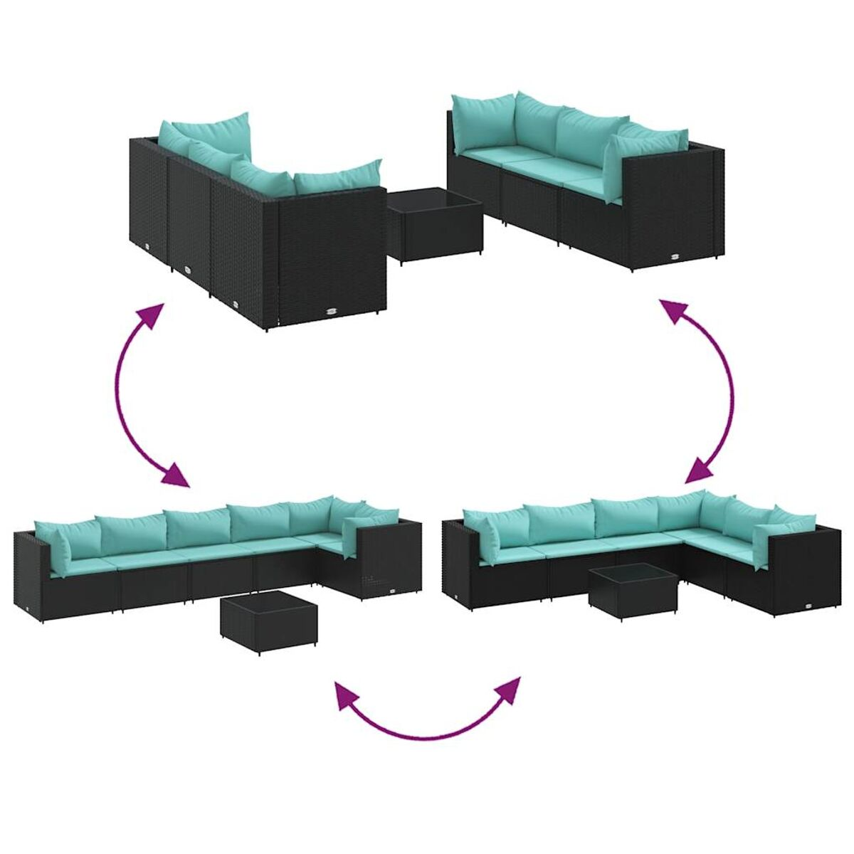 Configurazioni multiple di un divano angolare nero in vimini con cuscini turchese.