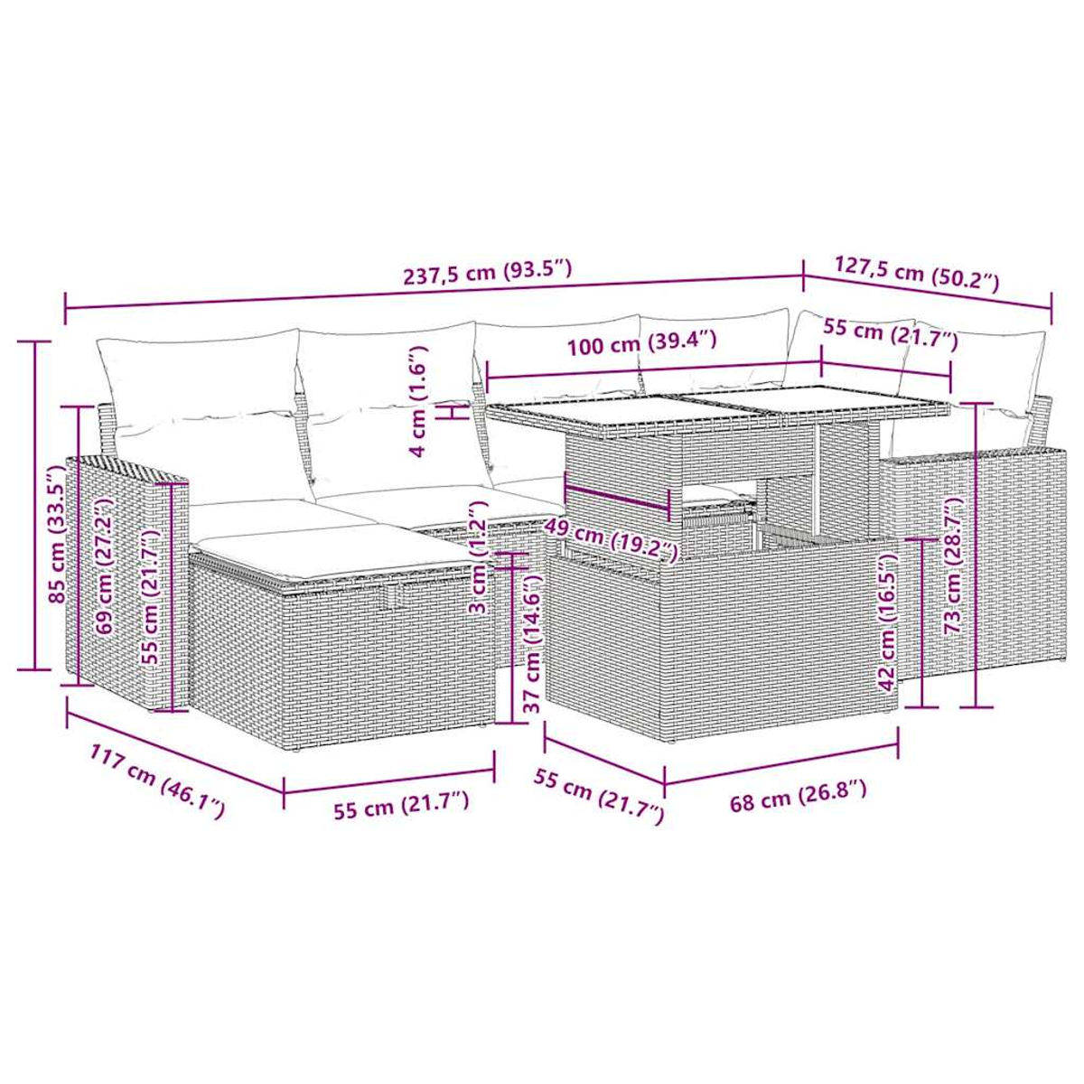 Detailliertes Bild eines Rattan-Sofasets mit überlagerten Abmessungen. Das Set umfasst ein Sofa, einen Tisch und Maße.