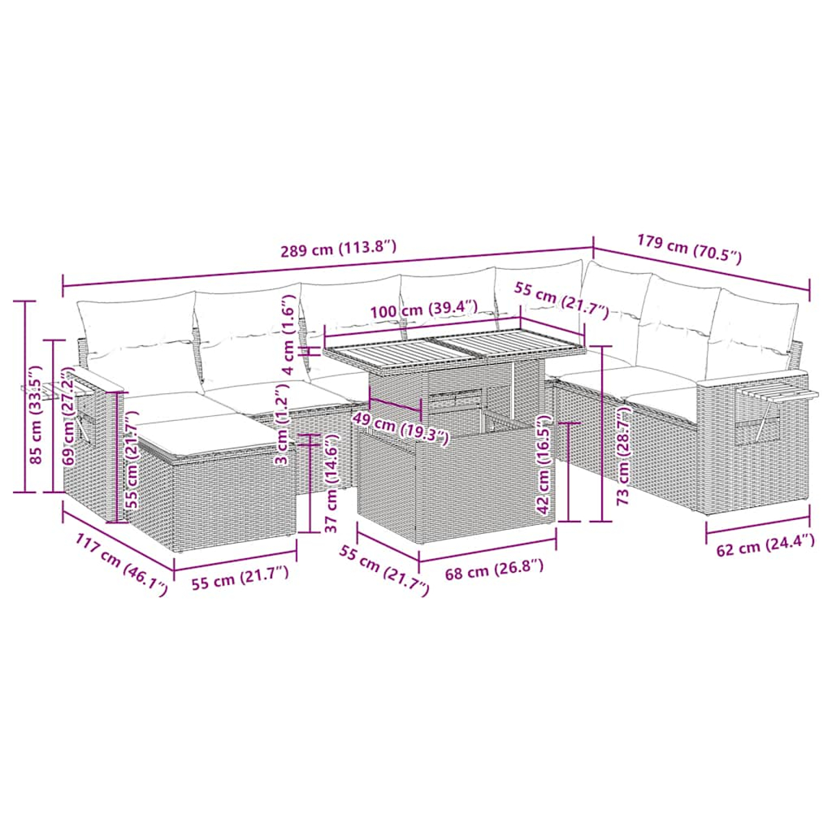 Ein weißes Outdoor-Sofaset aus Korbgeflecht mit Größenangaben.