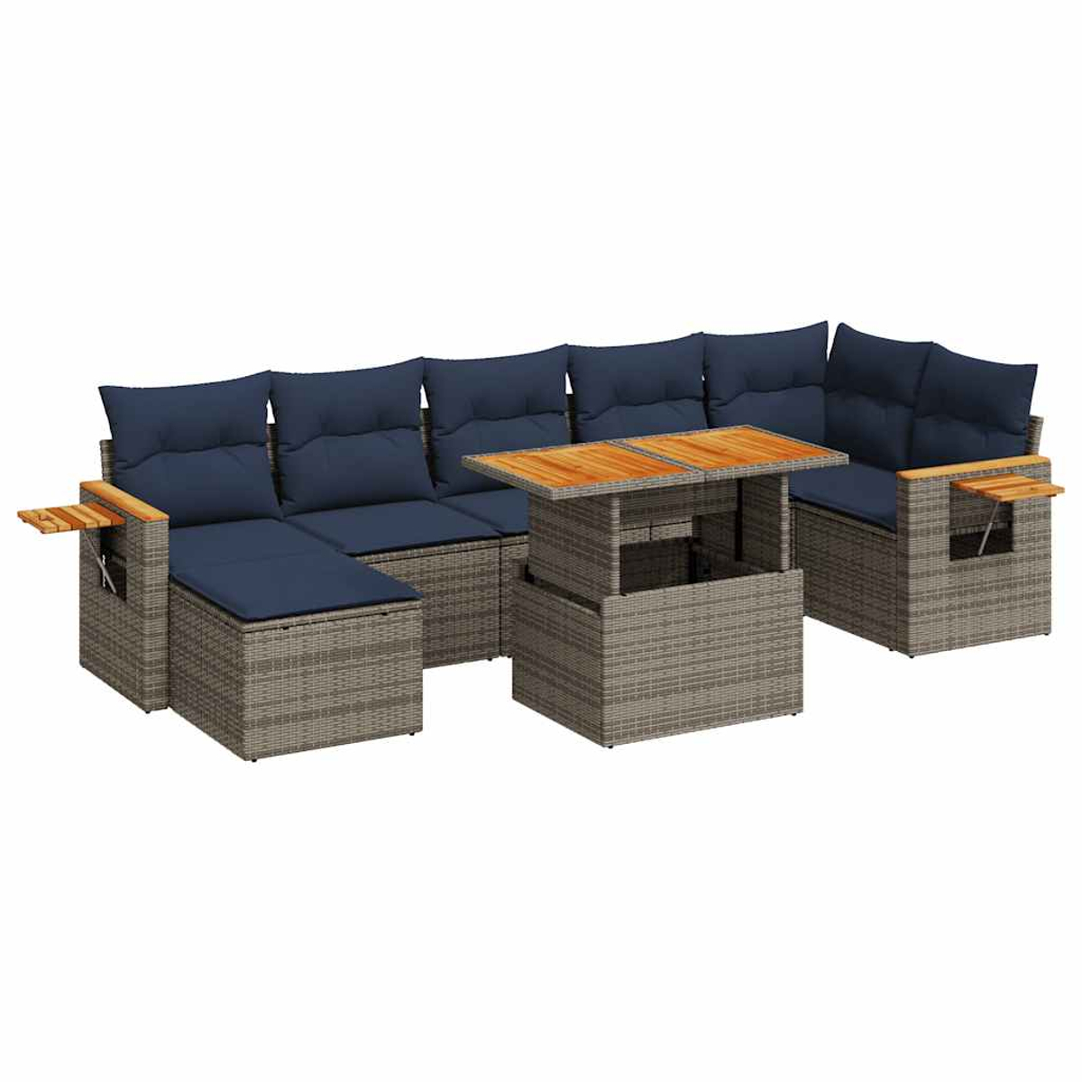Ein Terrassen-Set mit Sofa, Tisch und Stühlen, mit blauen Kissen.