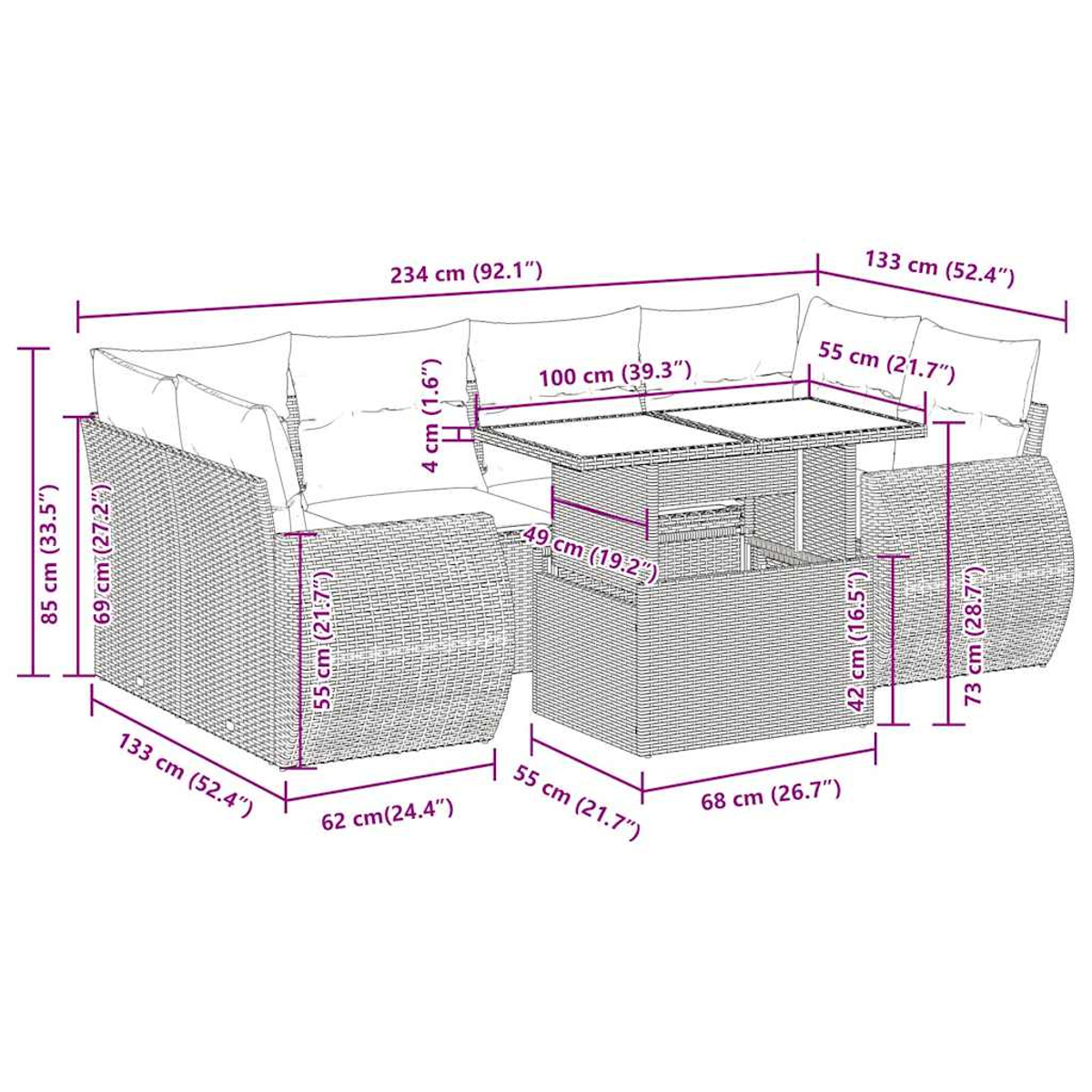 Geflochtenes Outdoor-Ecksofa mit cm-Maßen. Enthält einen Tisch und Kissen.